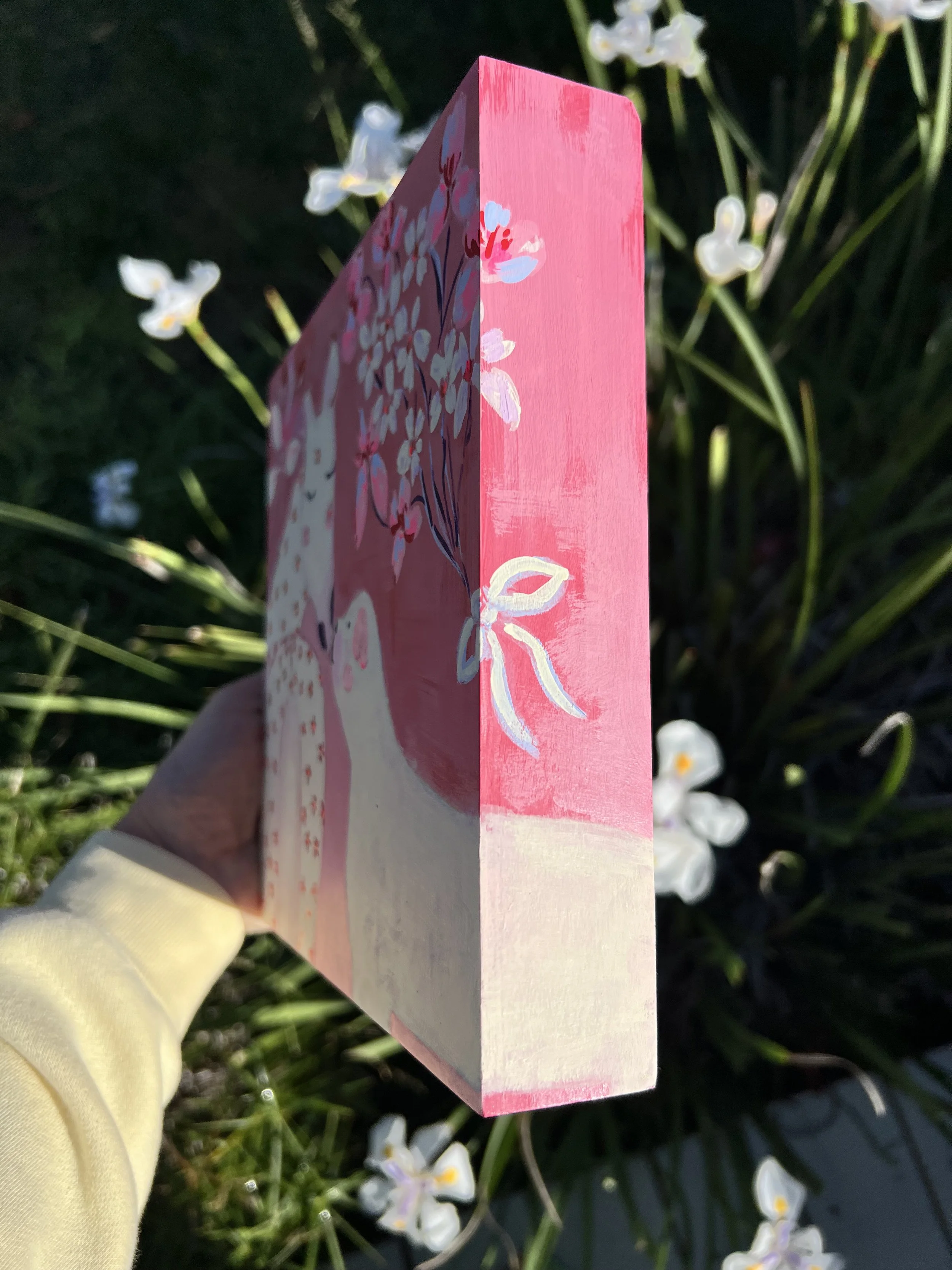 Mon amour. Original artwork. A white horse and sweet dog embracing floating flowers. Created for the Lunar New Year to celebrate love's ability to transcend all boundaries.