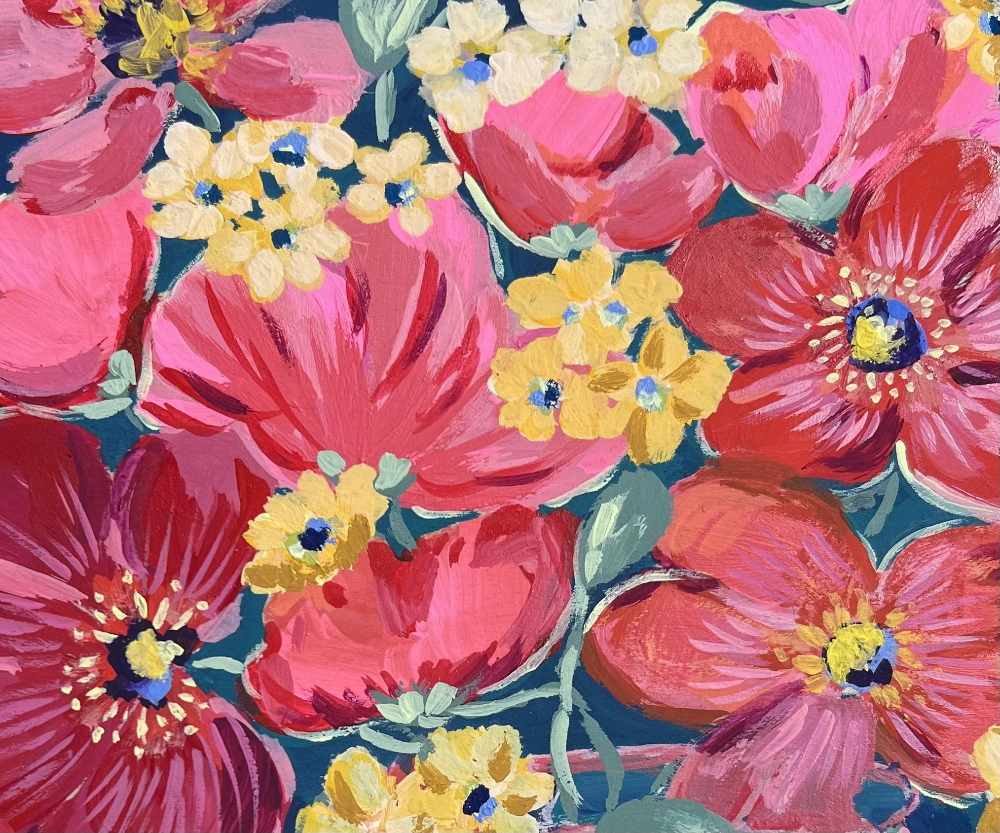 Bold pink & red poppies burst from a playful striped vase on a deep blue background.