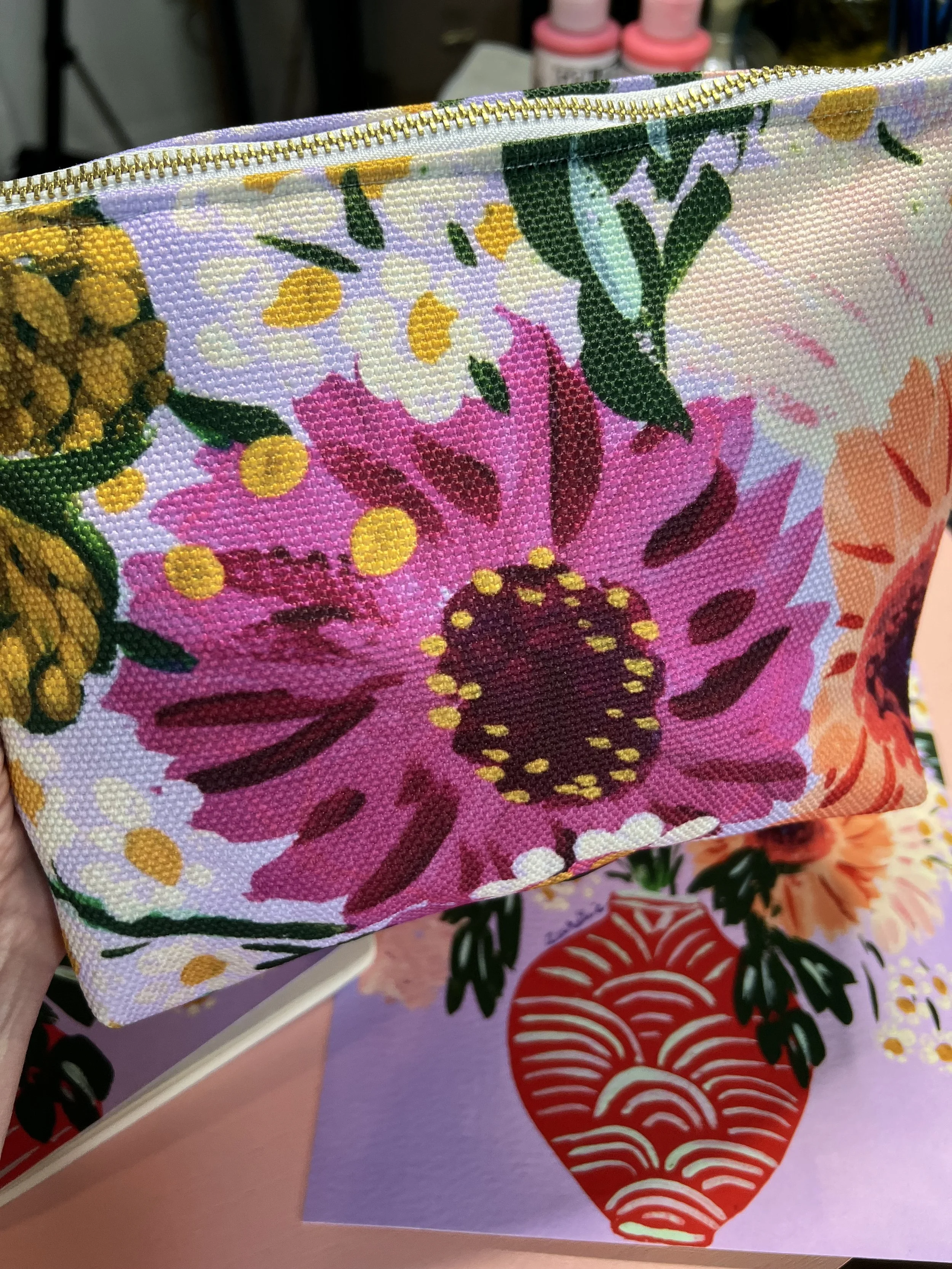 Vibrant color zipper pouch with unique and original art by Aurelie Brown. Made with durable poly canvas to sort your belongings. Ideal for make-up, tech accessories or paint supplies!