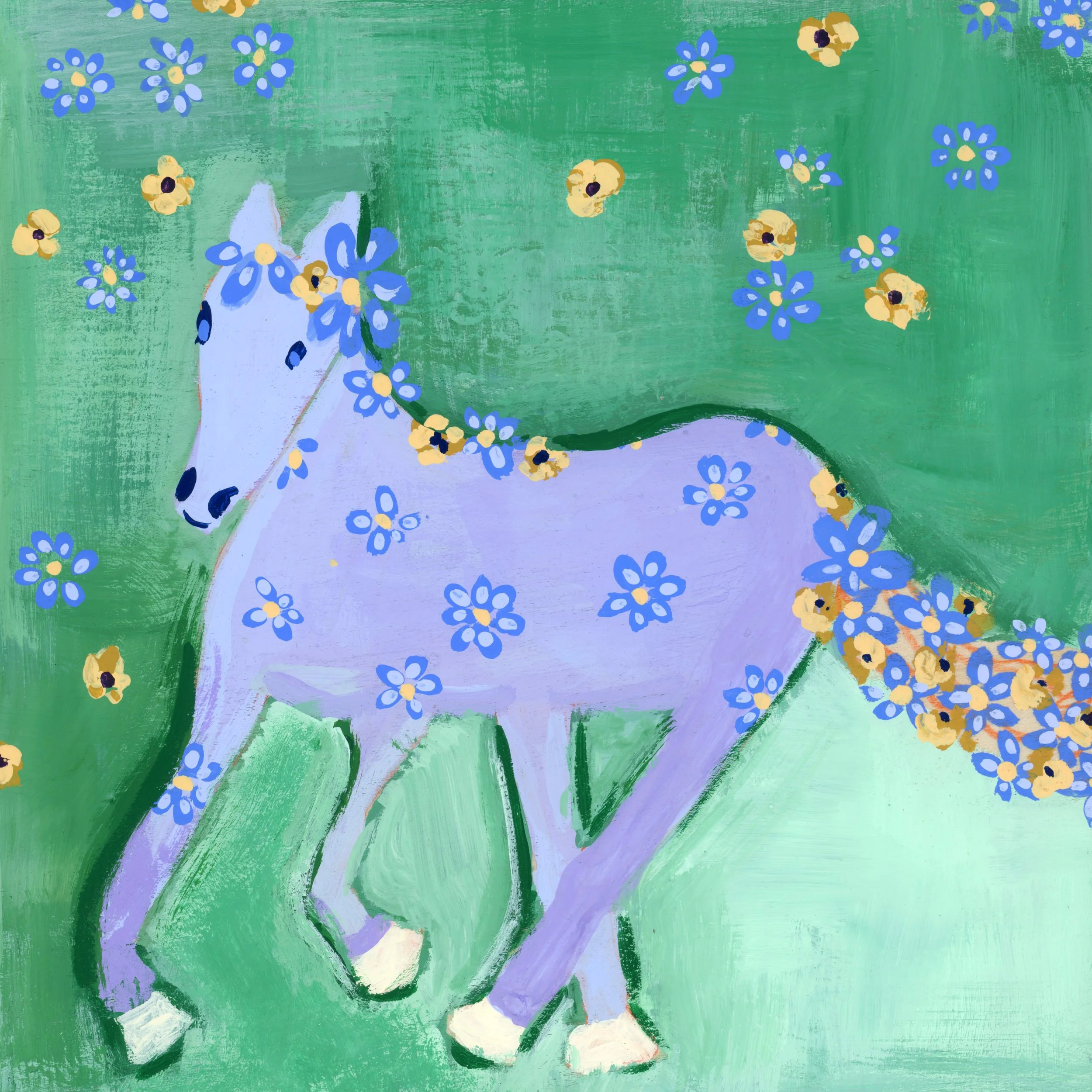 Wild and Free art print in simple frame, a dreamy lavender horse covered in flowers, roaming free on a lush green field in a delish background details. A lunar year staple.