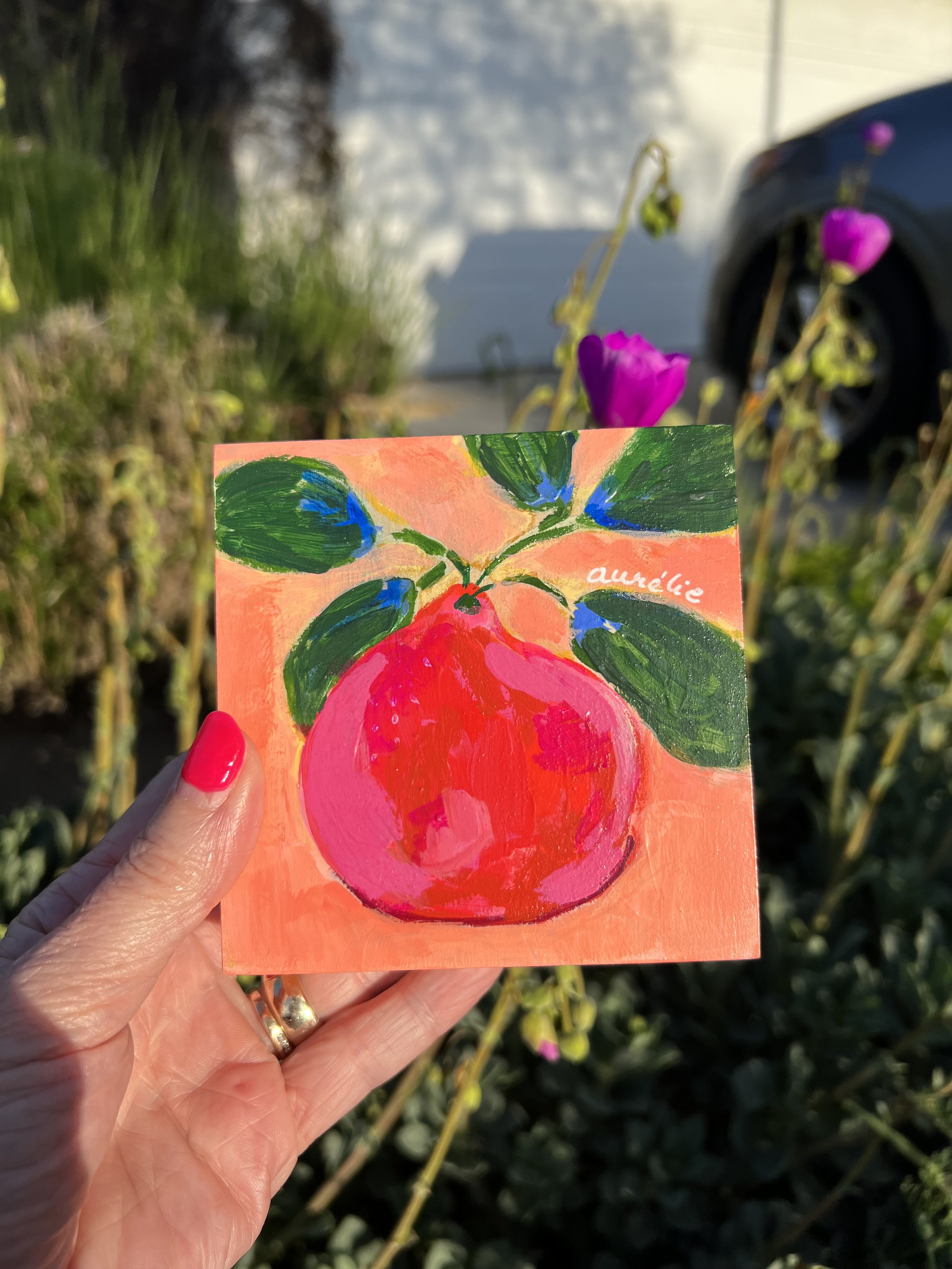 Single fruit on coral background, food waste resistance, piece de la resistance, red fruit