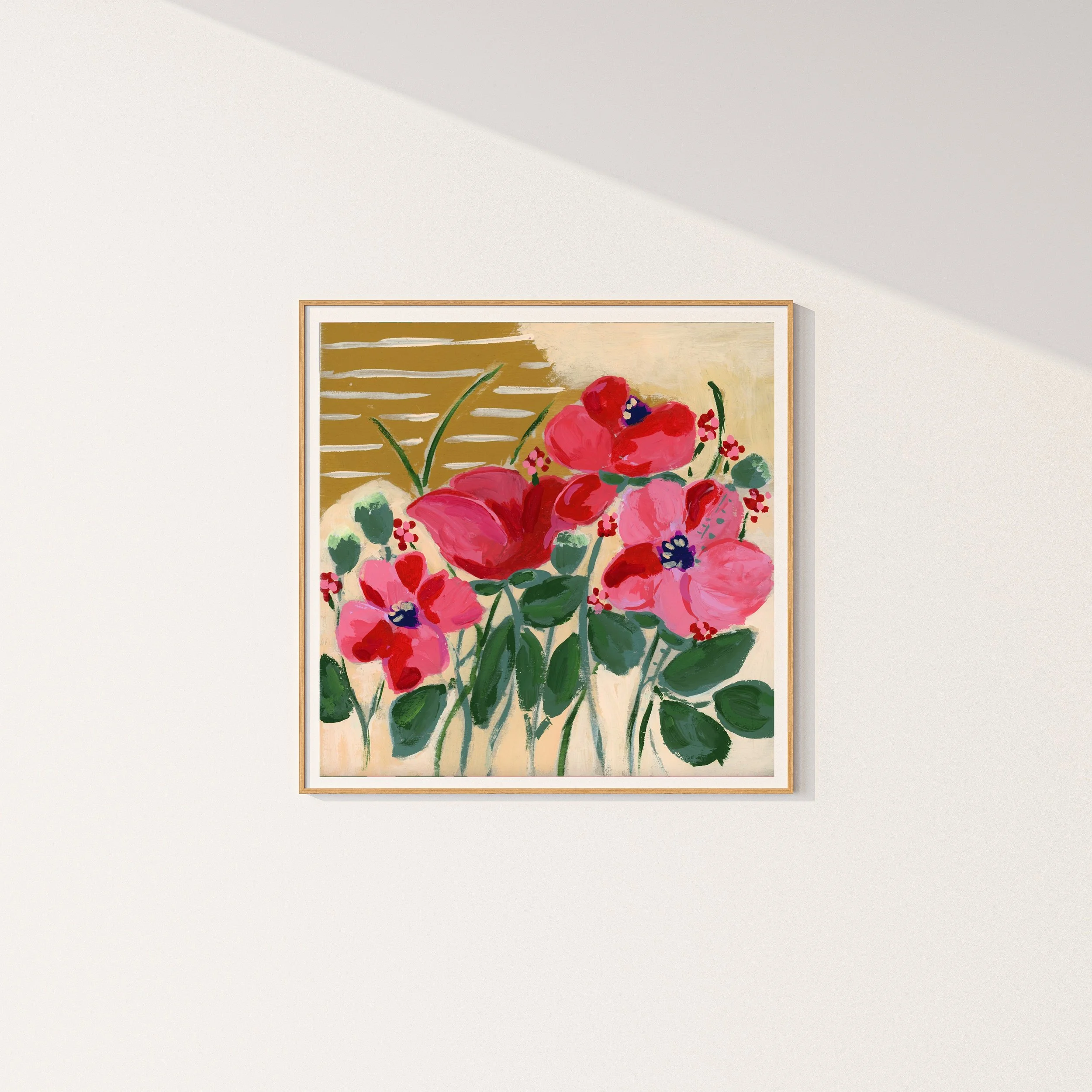 Original floral fine art print inspired by Claude Monet's Giverny garden, featuring vibrant coral and pink poppies with deep purple centers.