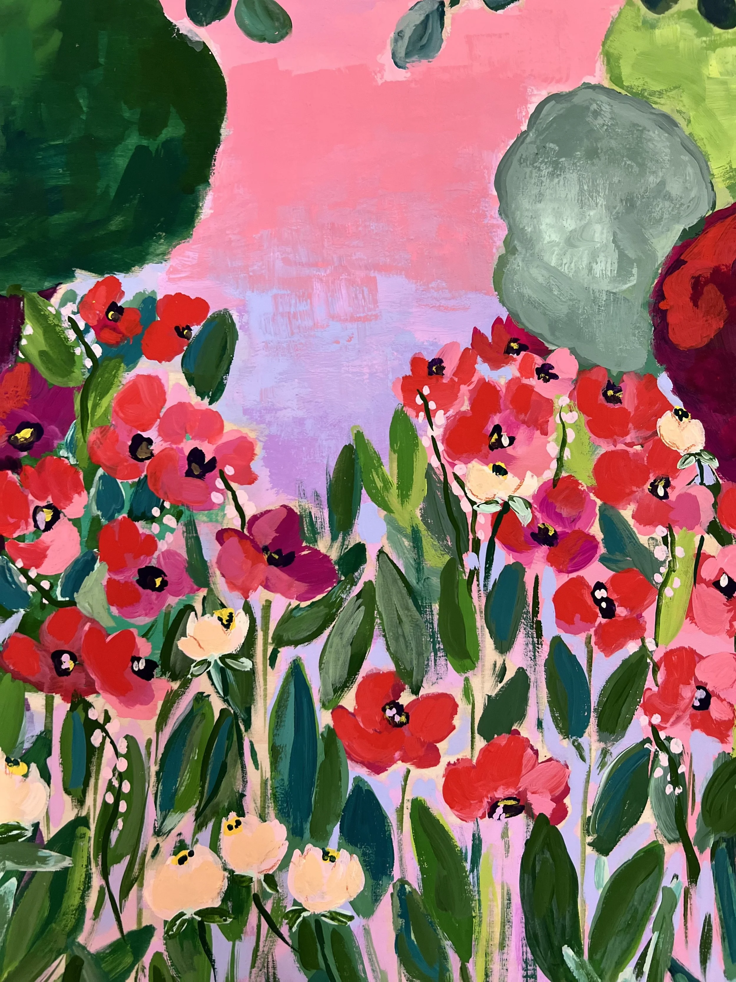 Vibrant painting capturing the enchanting beauty of Claude Monet's garden in Giverny, where brilliant red poppies bloom beneath graceful branches against a dreamy pink sky.