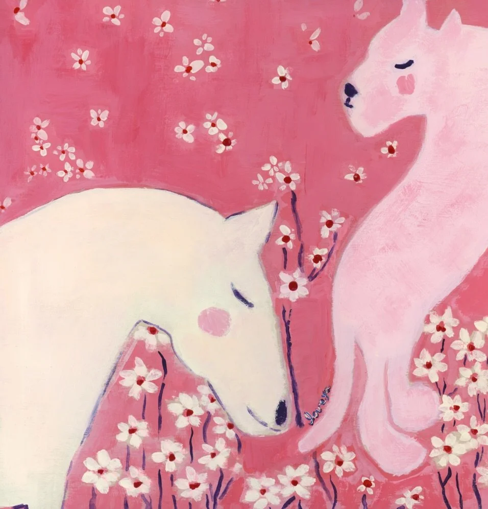 Love Ya. fine art print. A white horse and pink tiger embracing floating white flowers. Created for the Lunar New Year to celebrate love's ability to transcend all boundaries.