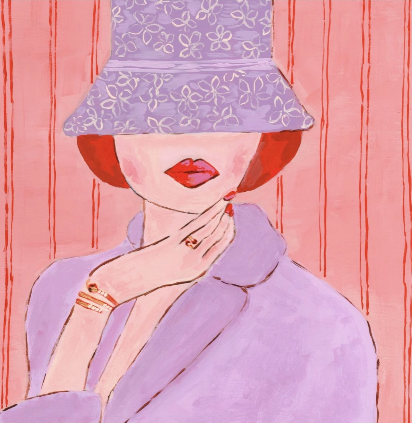 Modern fashion illustration, woman with purple hat, matching jacket. Bold red lips, manicured hand, elegant contemporary feminine, minimalism vibrant portrait.