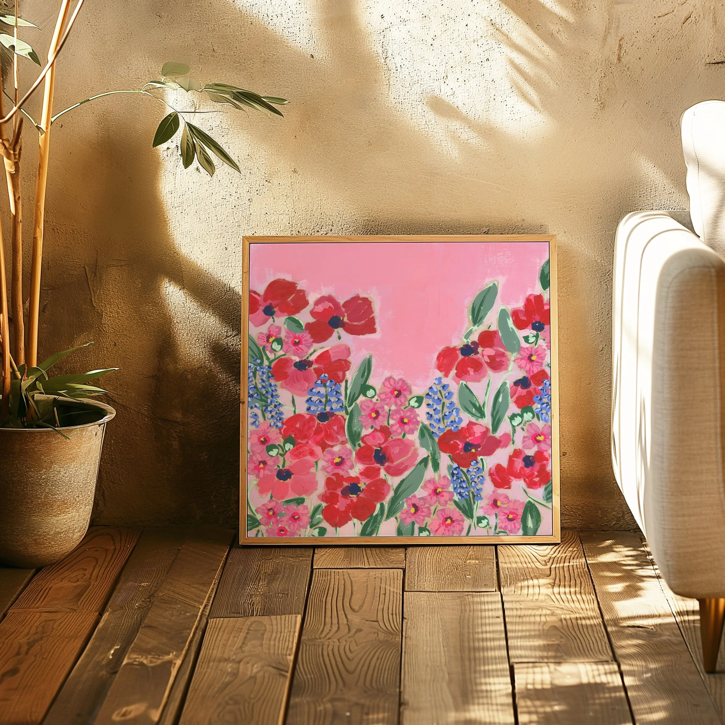 Fine art print with vibrant red and pink poppies, blue delphinium spikes, and cosmos flowers against a soft rose-colored background, inspired by Monet's Giverny garden.