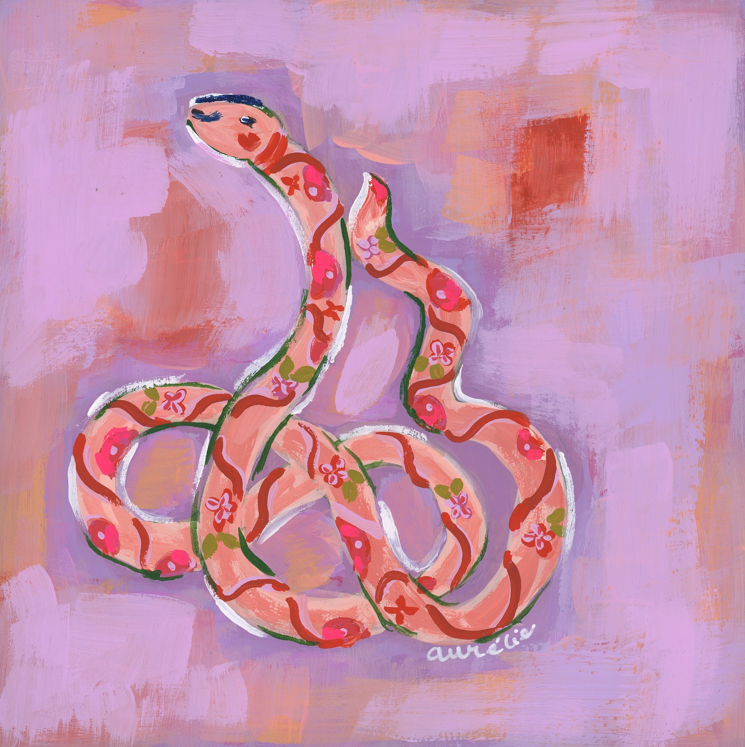 Playful, whimsical, flower-adorned snake that curves against a abstract lavender background. Delicate floral patterns and outlined in crisp white lines, approachable and feminine