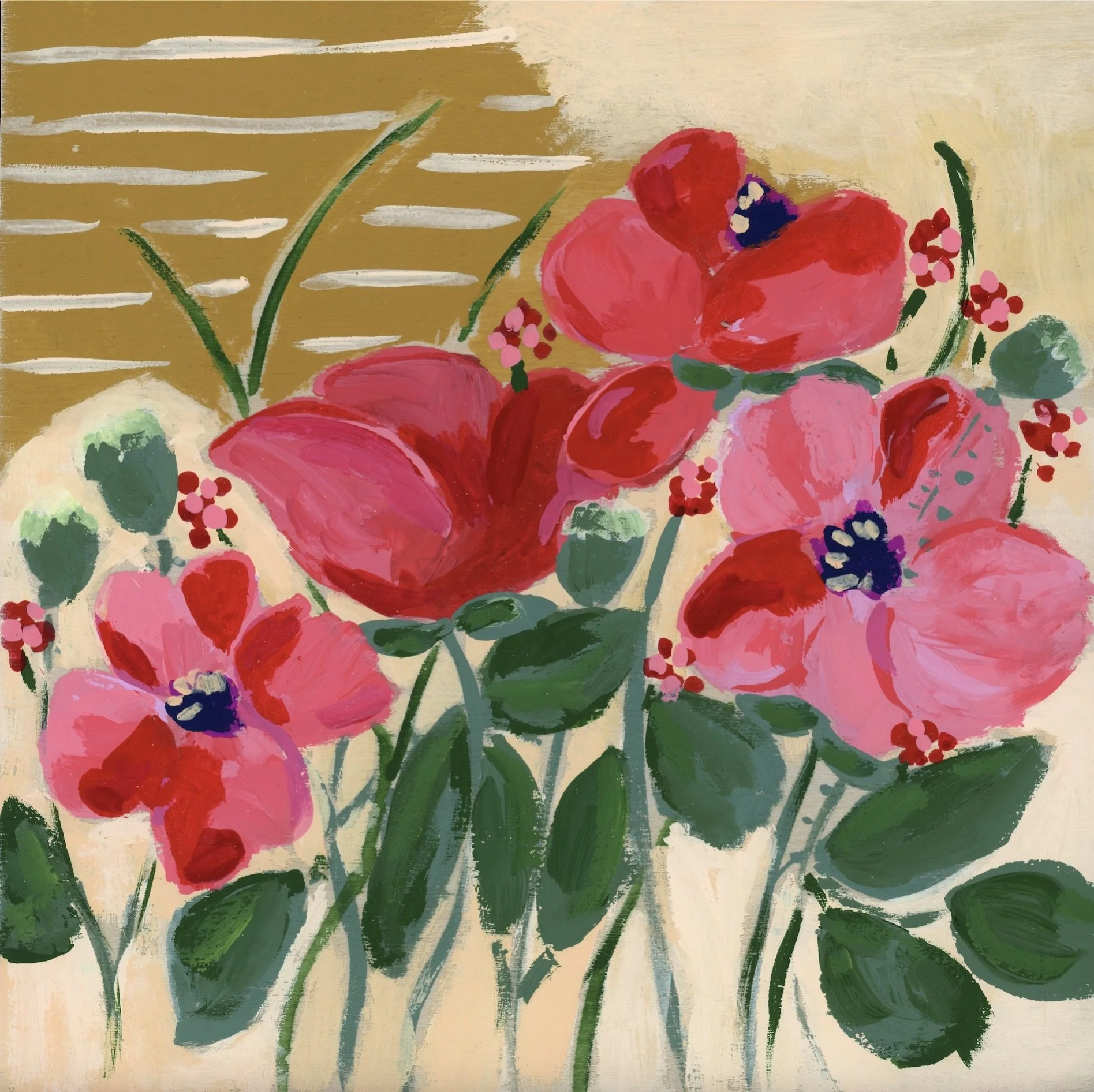 Original floral fine art print inspired by Claude Monet's Giverny garden, featuring vibrant coral and pink poppies with deep purple centers.