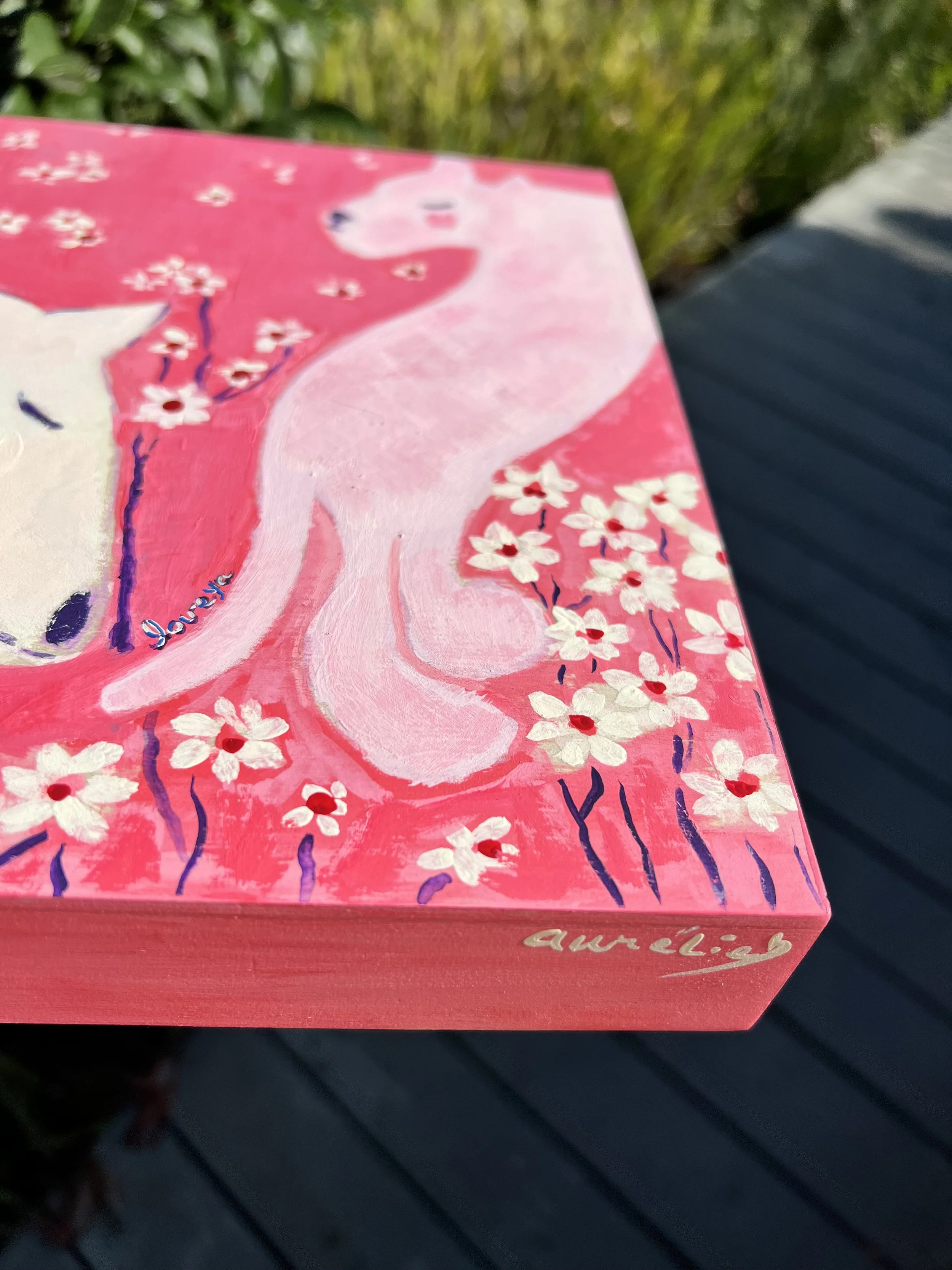 Love Ya. Original artwork. A white horse and pink tiger embracing floating white flowers. Created for the Lunar New Year to celebrate love's ability to transcend all boundaries.