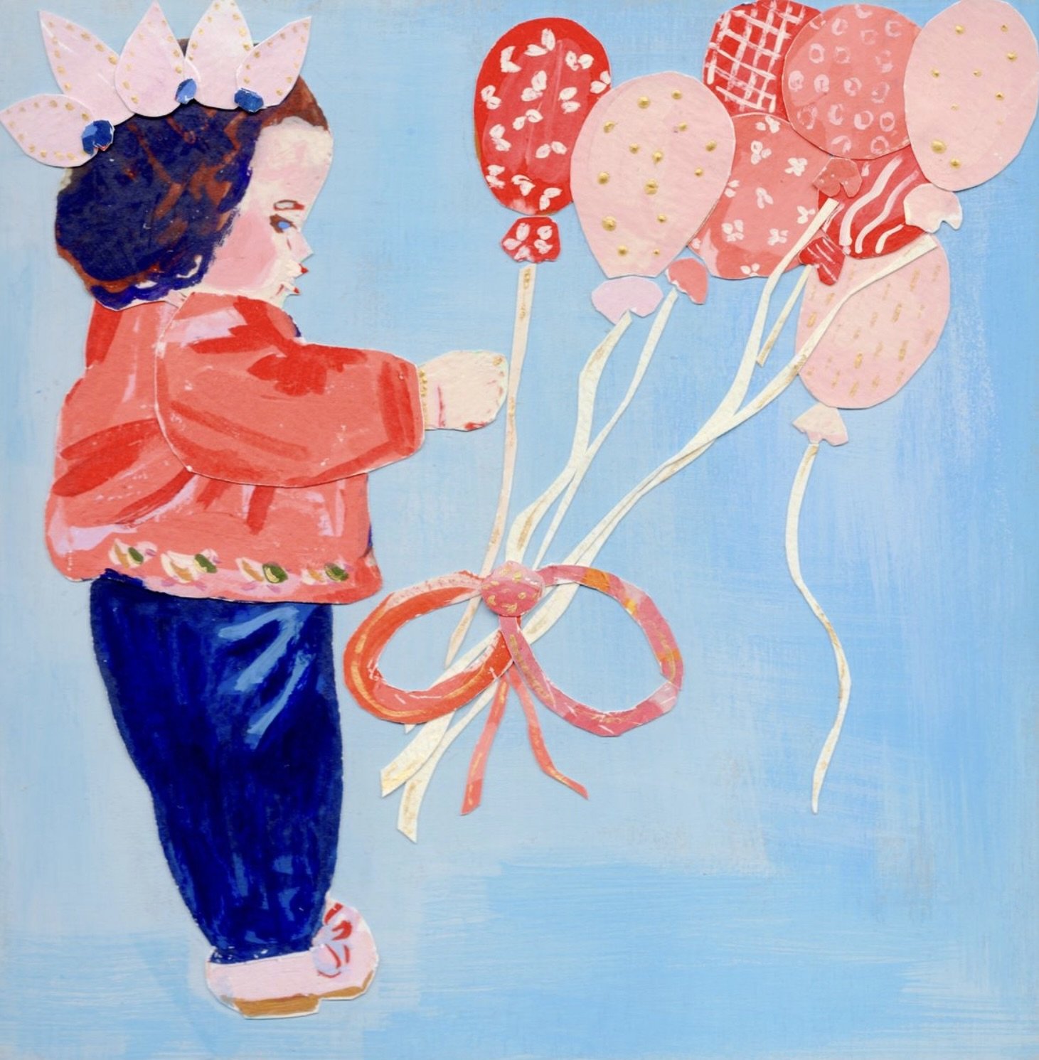 Balloon Party - Fine Art Print, collage of a young girl with a crown and bouquet of patterned balloons. Created sustainably from repurposed materials by artist Aurelie Brown.