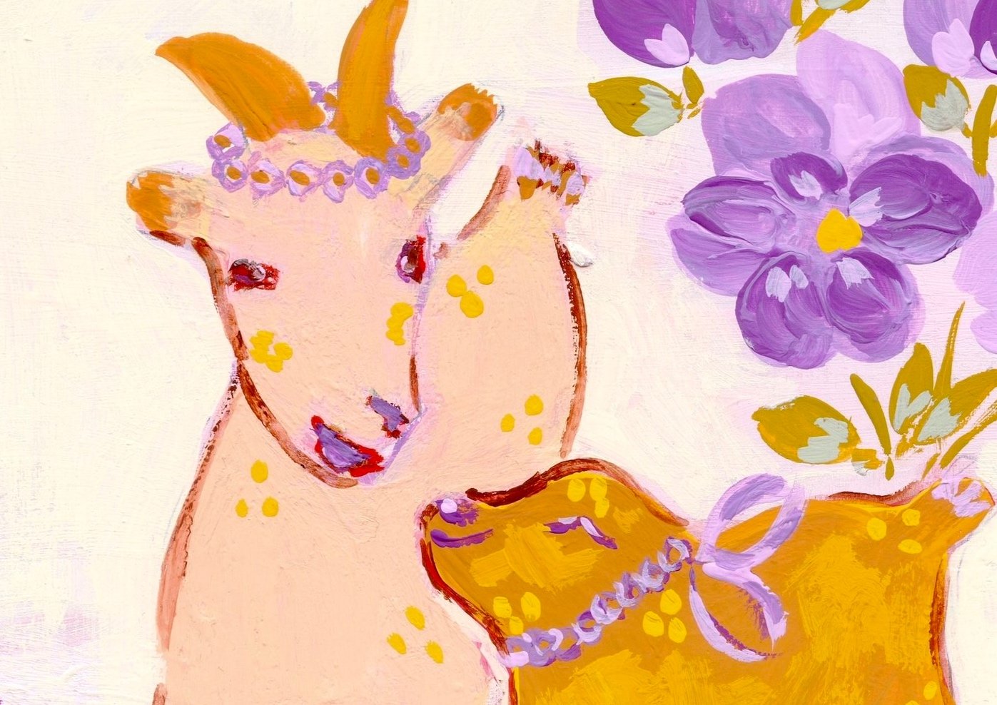 Charming painting of Mama Goat and her little one. Love and care. Loose purple flowers. Perfect for nurseries, children's rooms, or for a touch of whimsy and color.