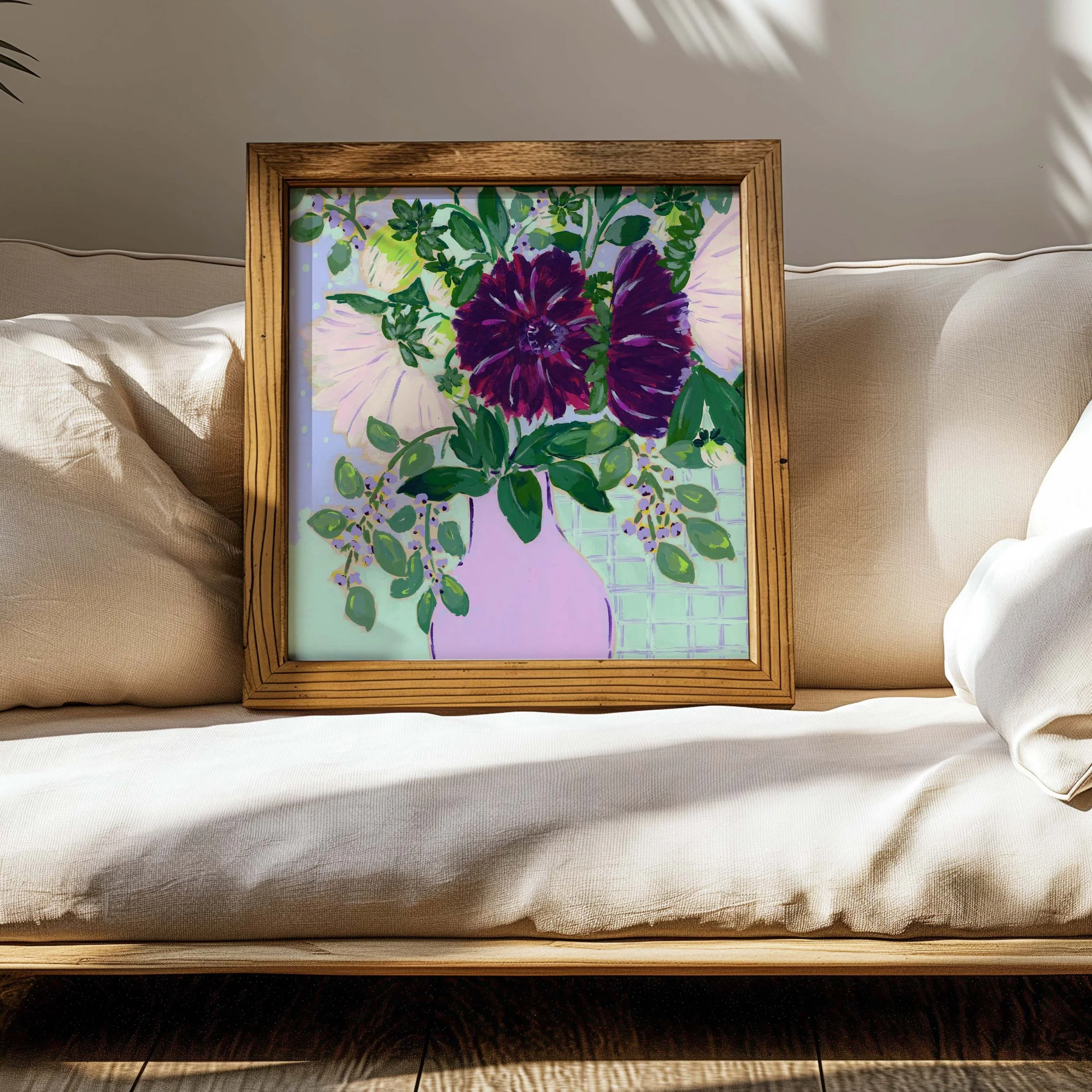 Original floral painting inspired by weekly fresh flowers in the studio. Striking, moody with a stunning green and purple color combination accompanied of a patterned background.
