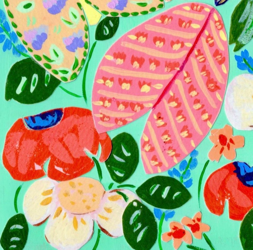 colorful moths and poppies from a collage artwork. mix of bright orange, green and blue contrast the joyful mint background. A California scene perfect for nursery and playroom