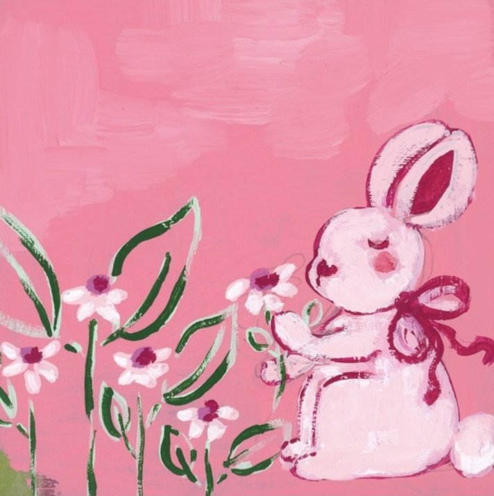 Charming piece featuring a bunny surrounded by flowers, painted over an abstract background. Perfect for nurseries, children's rooms, or anyone who loves whimsical art with character.