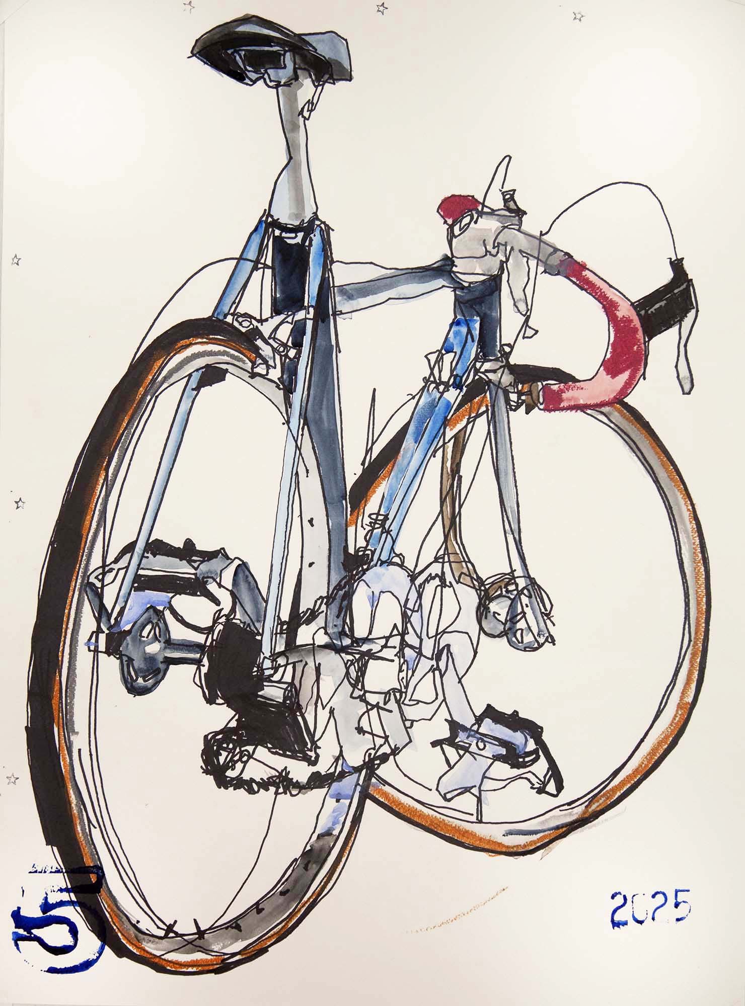 A dynamic ink and watercolor drawing of a Takhion track bike from a dramatic low angle, emphasizing the rear wheel, chain, and curved handlebars.