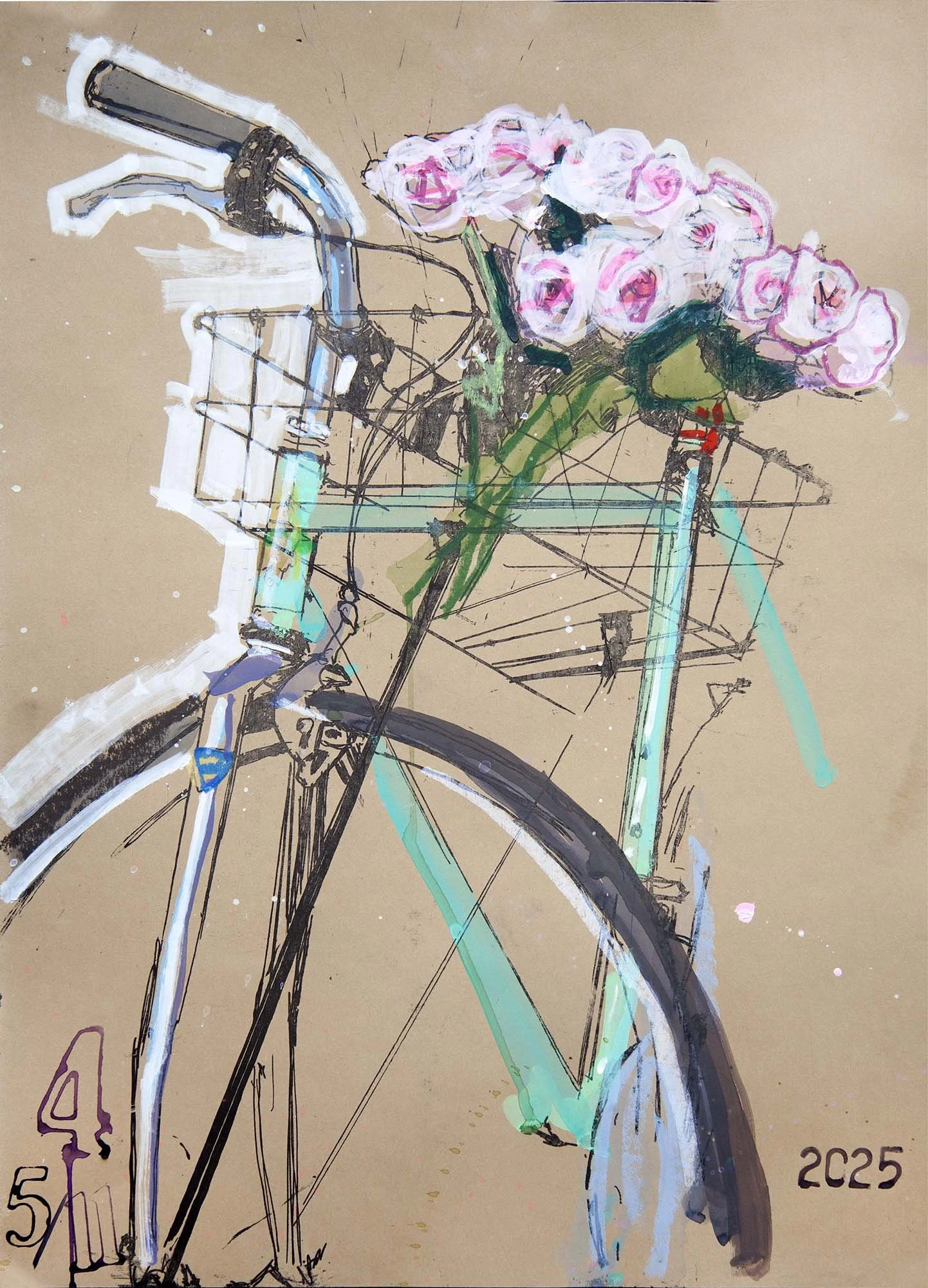 An expressive gouache and ink painting of a light blue Bianchi bicycle handlebars and front basket filled with pink roses by artist Taliah Lempert.