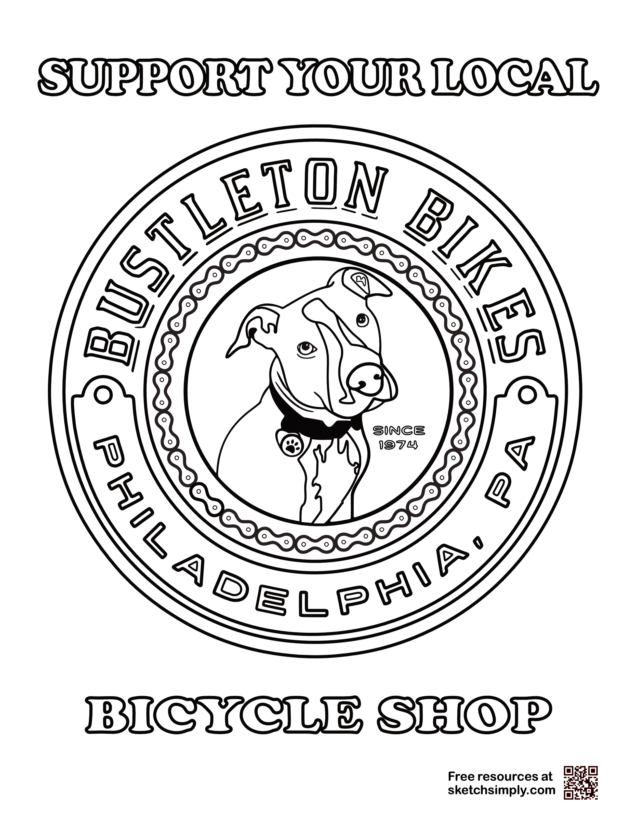 Free printable coloring page featuring the logo of Bustleton Bikes, a local bicycle shop in Philadelphia, PA, with an illustration of their dog Lucy in the center.