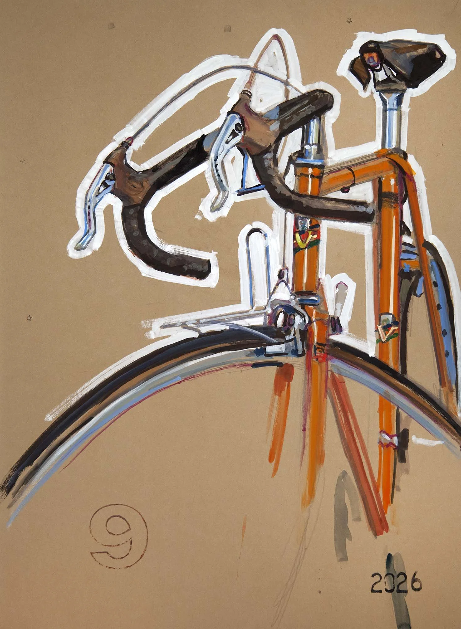 A close up mixed media painting of an vintage orange Joes Vignolles road bike handlebars, frame lugs, and brake levers with stark white highlights on brown paper.