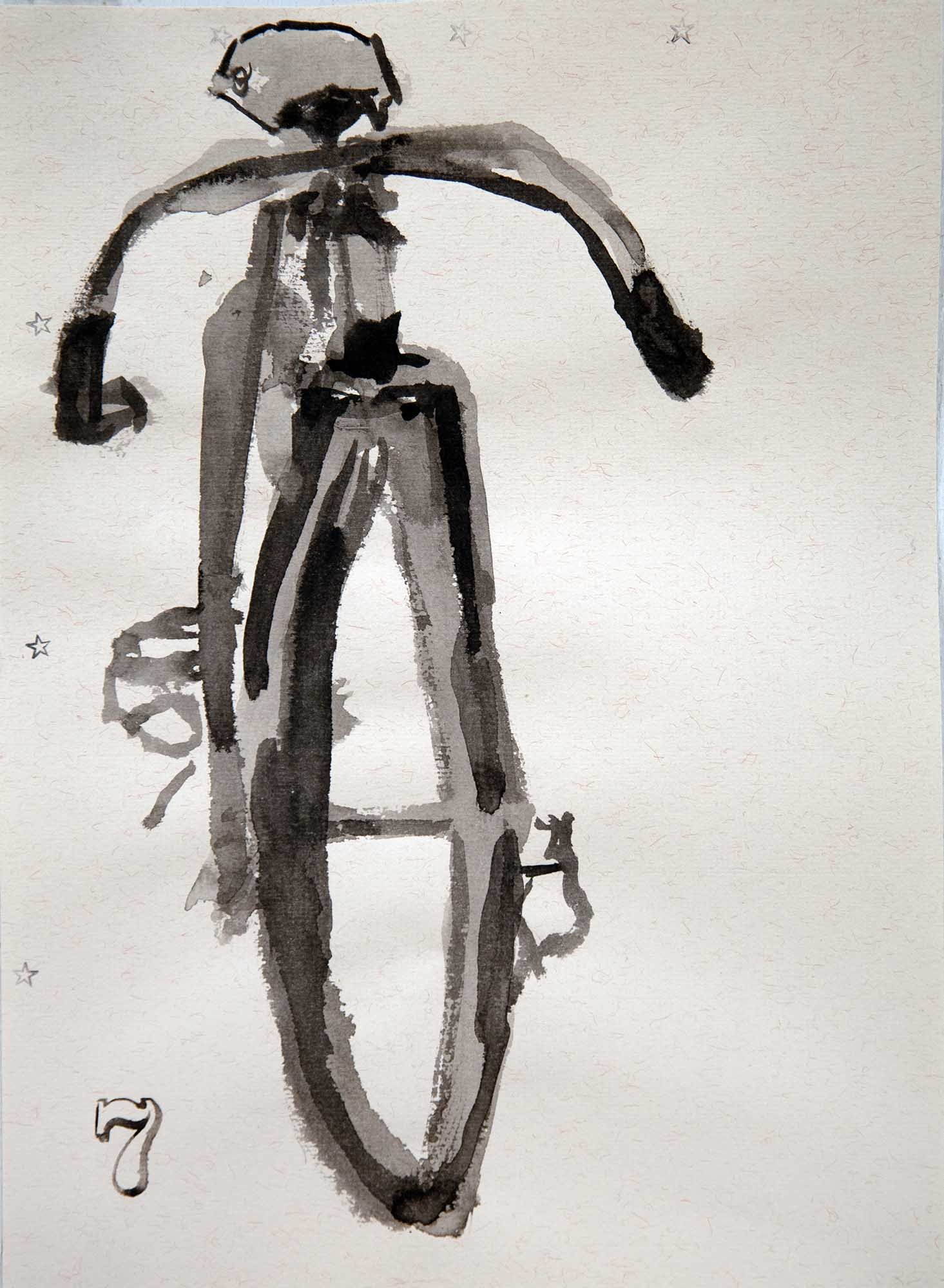A minimalist black ink wash and brush pen sketch of a Drysdale bicycle viewed from the front, showcasing a loose and unpredictable line style on paper.