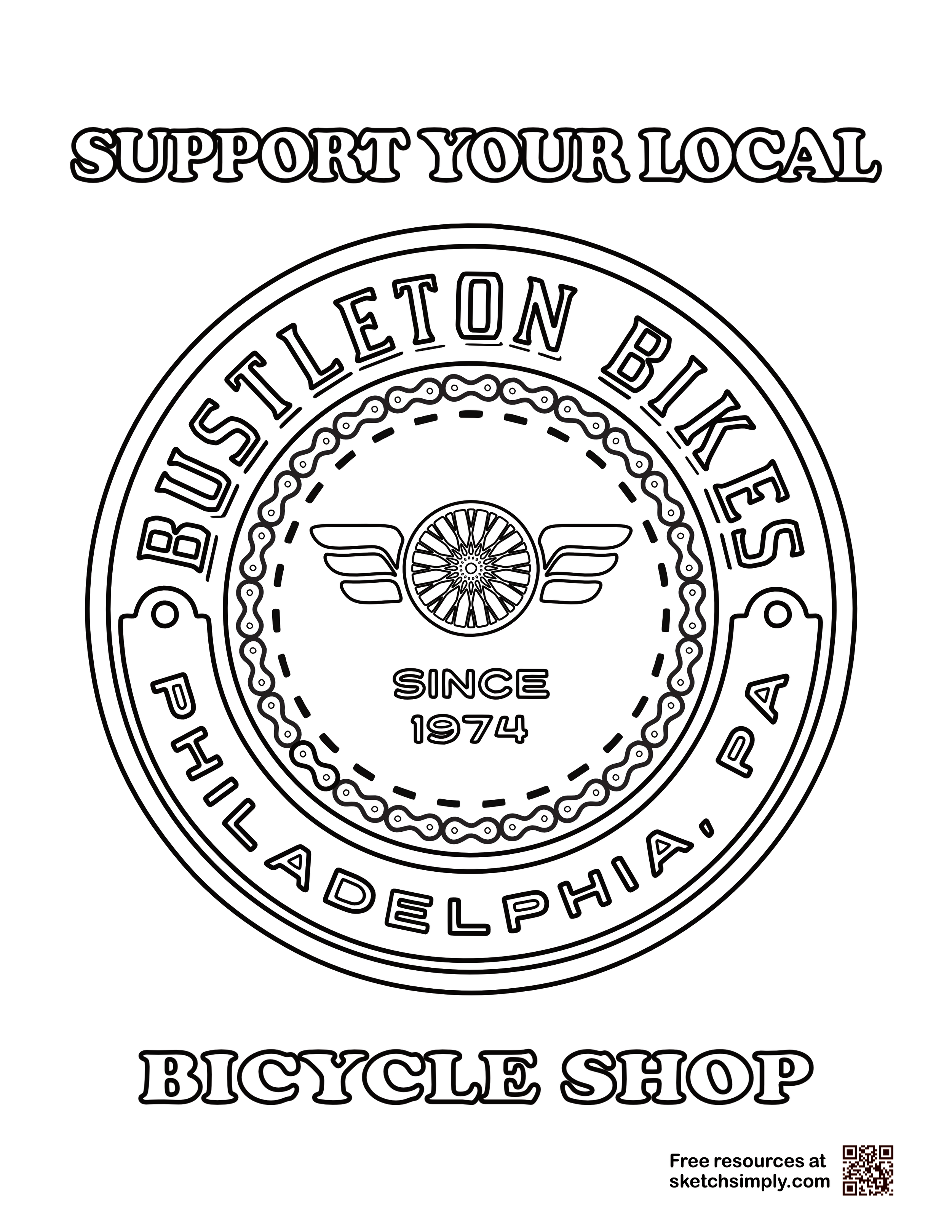 Free downloadable coloring page featuring the winged bicycle wheel logo for Bustleton Bikes in Philadelphia, Pennsylvania.