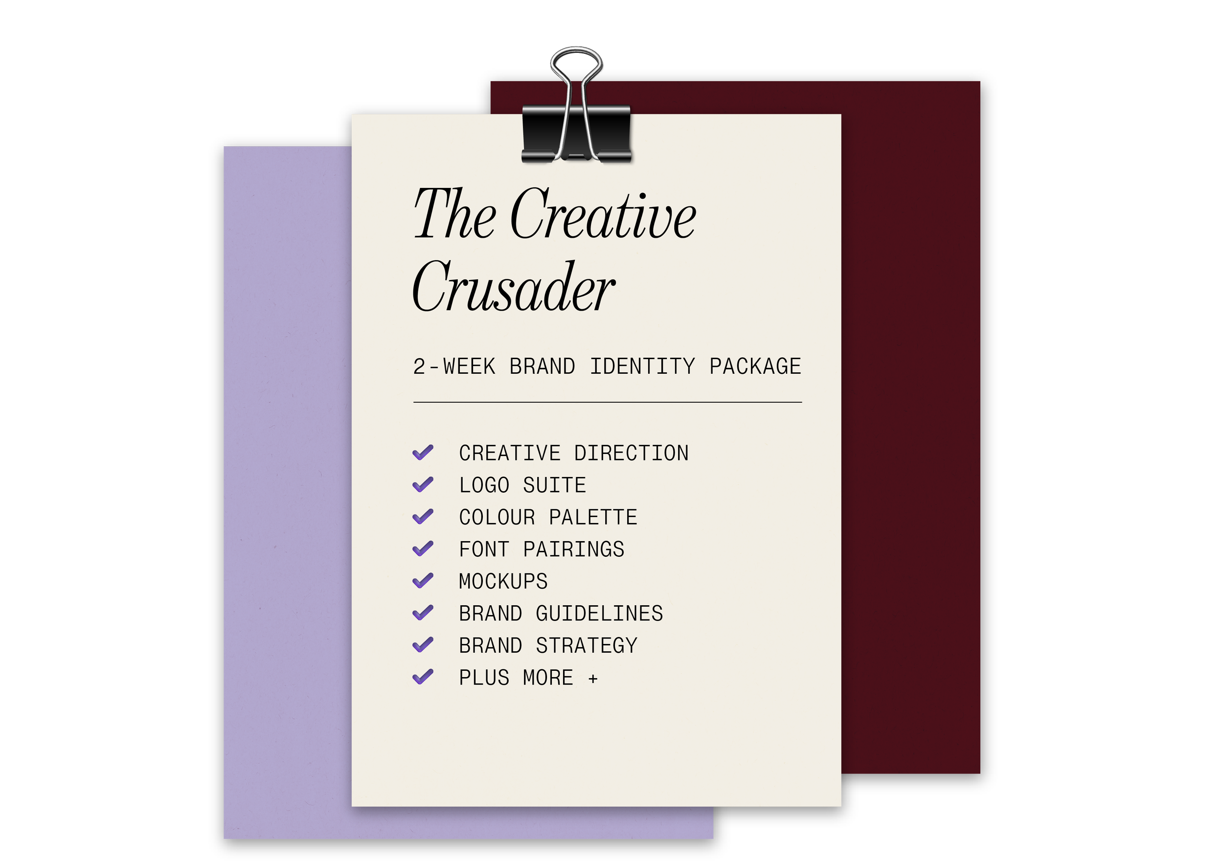 A collection of branded papers listing the Creative Crusader Package inclusions and reference to the beta offer