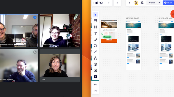 Images of team members collaborating in Miro via a video call