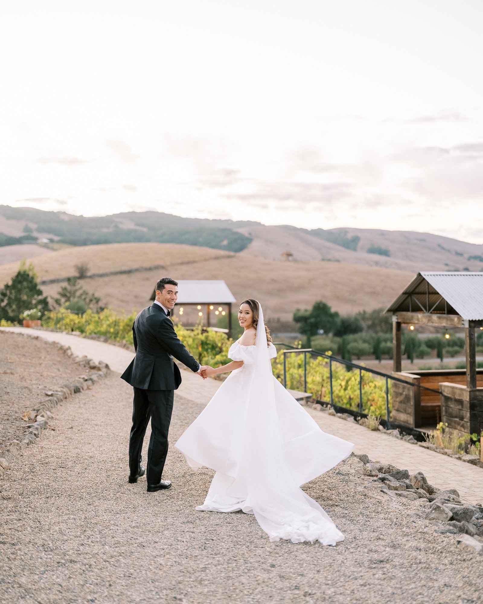 Bride and groom at their elevated Viansa Winery sonoma wedding during sunset photos