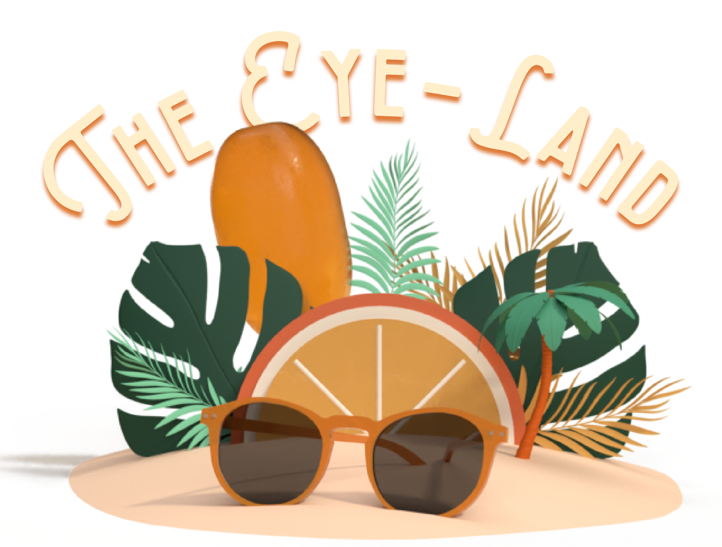 Orange sunglasses Kumquat sitting on a island with jungle plants and orange popsicle ice-cream 3D design