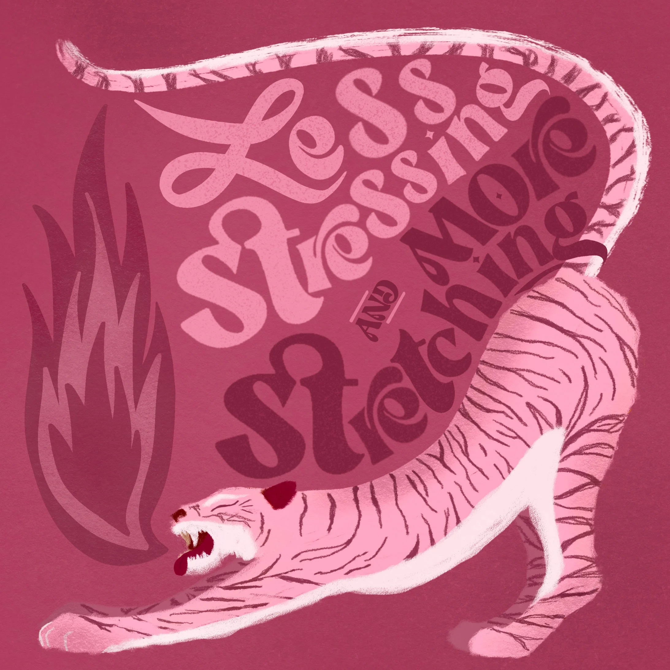 Pink tiger stretching illustration pro create Laura Lapeby