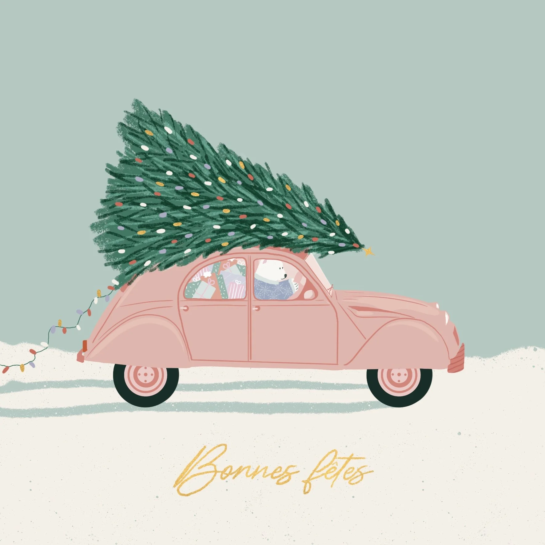 LauraLapeby_Christmas_Bear_driving_pink_car_tree.jpg