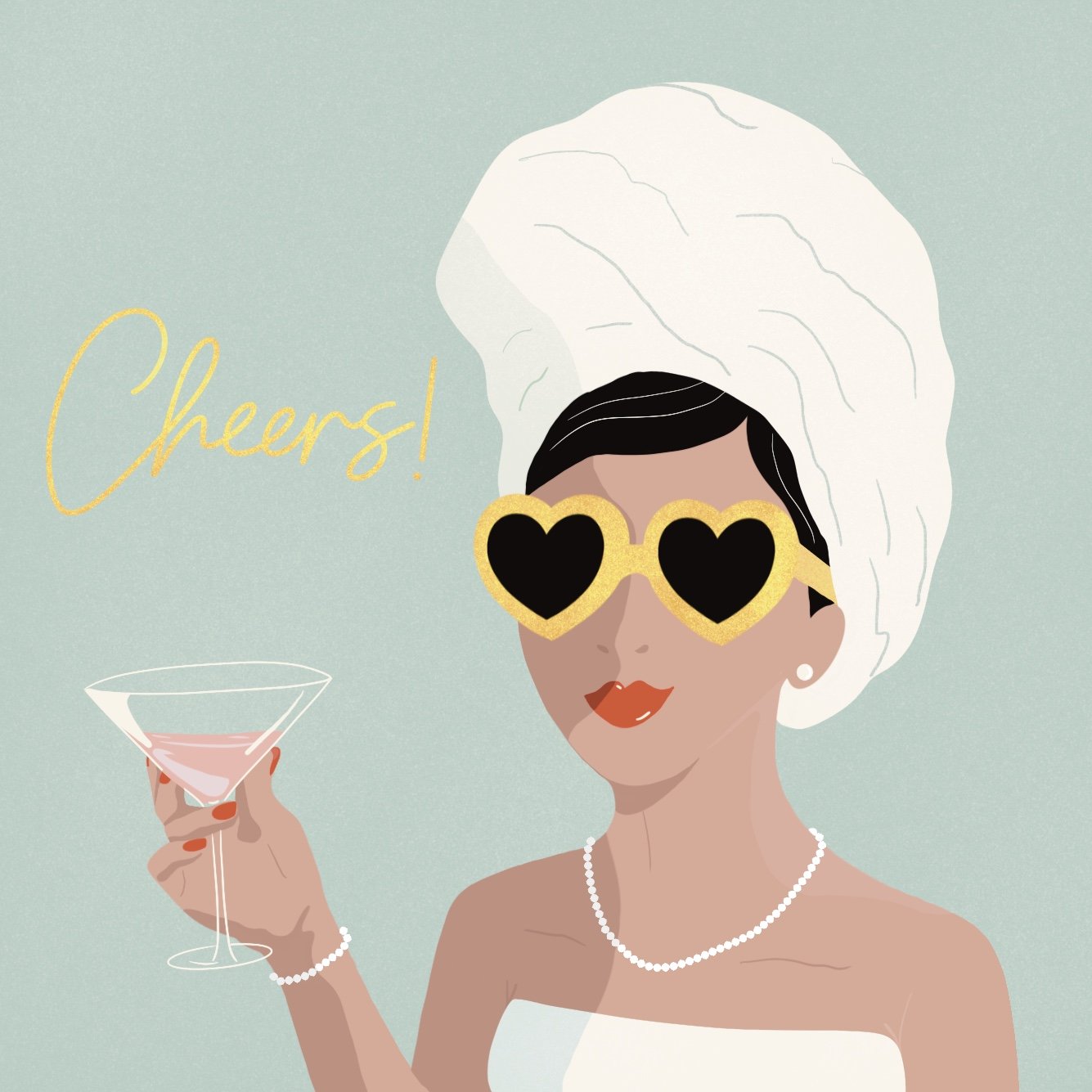 Lady getting ready illustration cheers champagne heart glasses towel pearl necklace