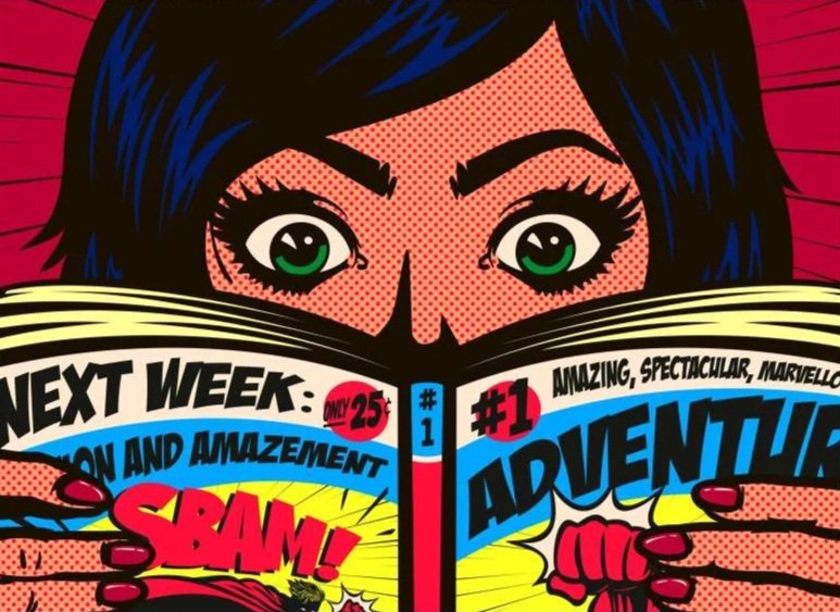 A woman with large green eyes and dark blue hair reading a comic book with vibrant colors and comic style artwork.
