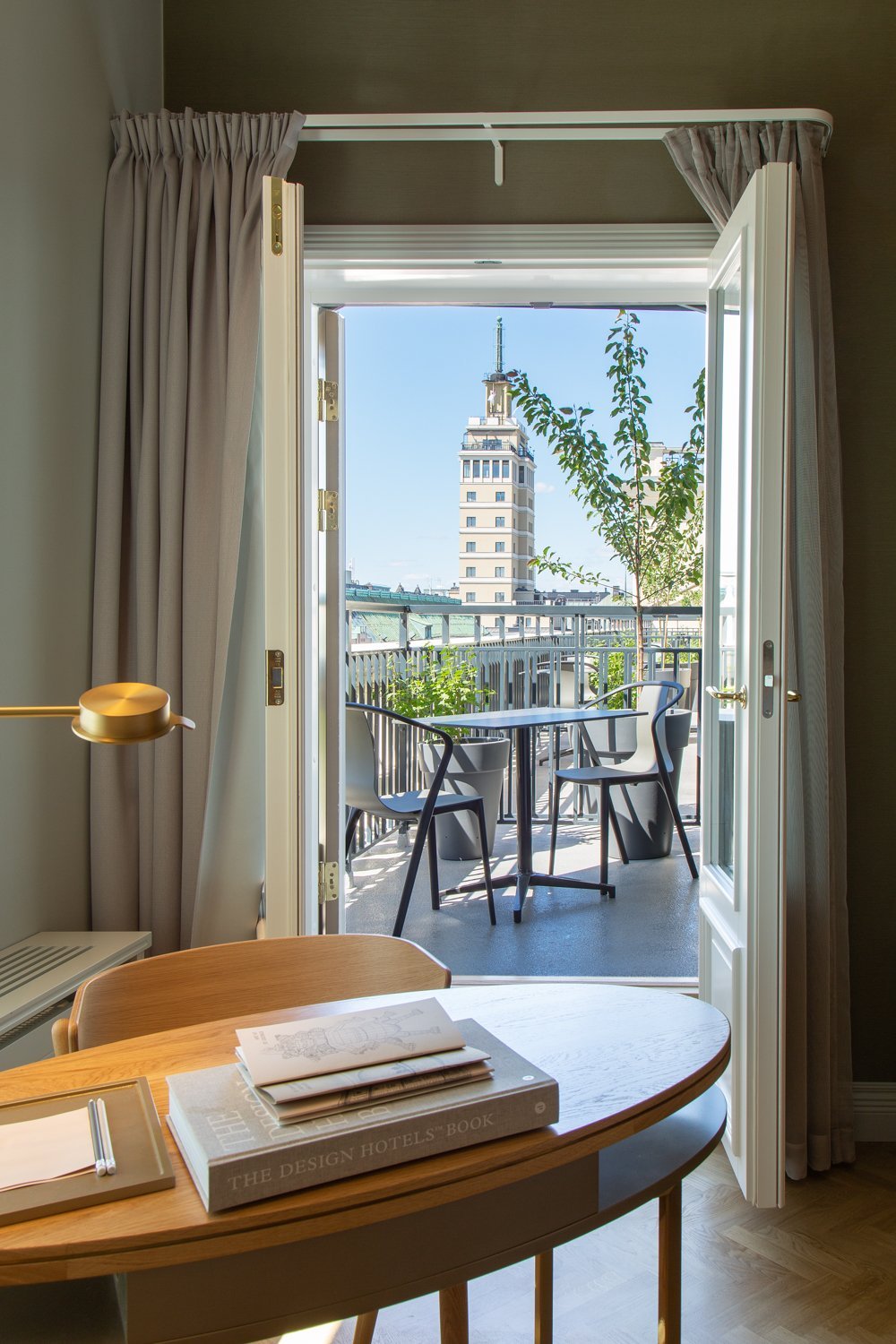 Top view of the Flemi desk, a design by Carola Rytsölä for the Fleming Collection and Hotel St George, highlighting its sleek lines and modern functionality.