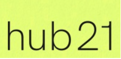 Logo mit grünem Hintergrund und schwarzem Text 'hub 21'.
