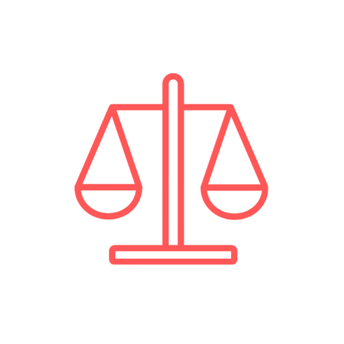 Symbol für Gerechtigkeit, eine Waage in roter Linie auf schwarzem Hintergrund.