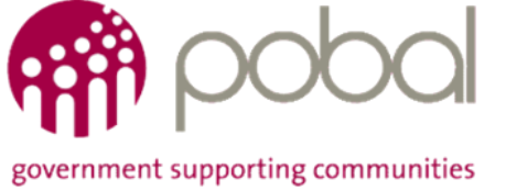 Pobal logo. On the left side there is a pink circular graphic with a group of stylised human figures inside it. The word 'pobal' is written in lowercase tot he right. Below the logo, the text reads 'government supporting communities'.