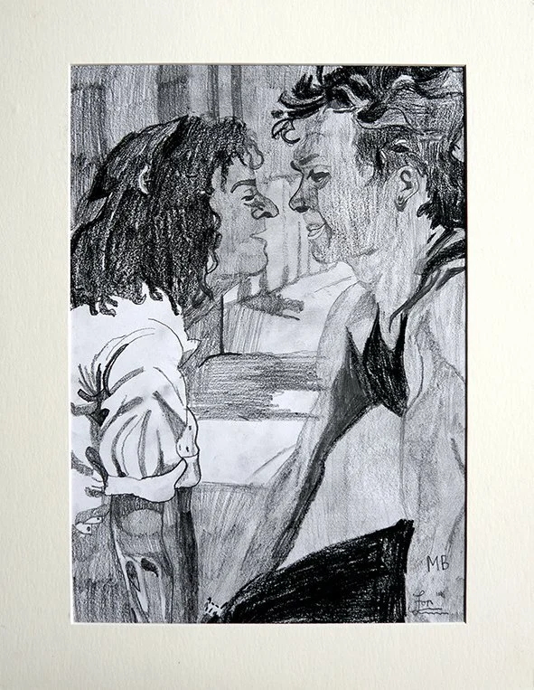Pencil on paper. Artwork piece, Patrick Swayze & Jennifer Gray, by Mark Buckley