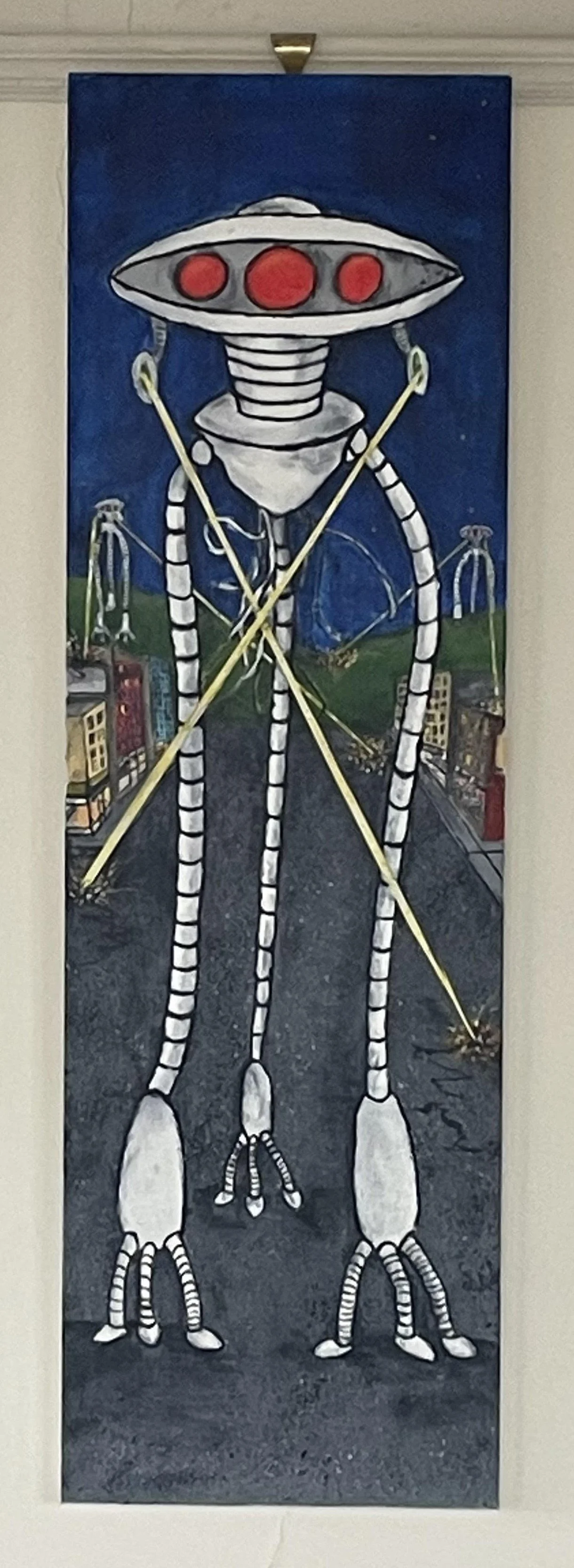 Painting of a three-legged Martian tripod invader with red eye-like sensors and heat-ray weapons firing down at a city street.