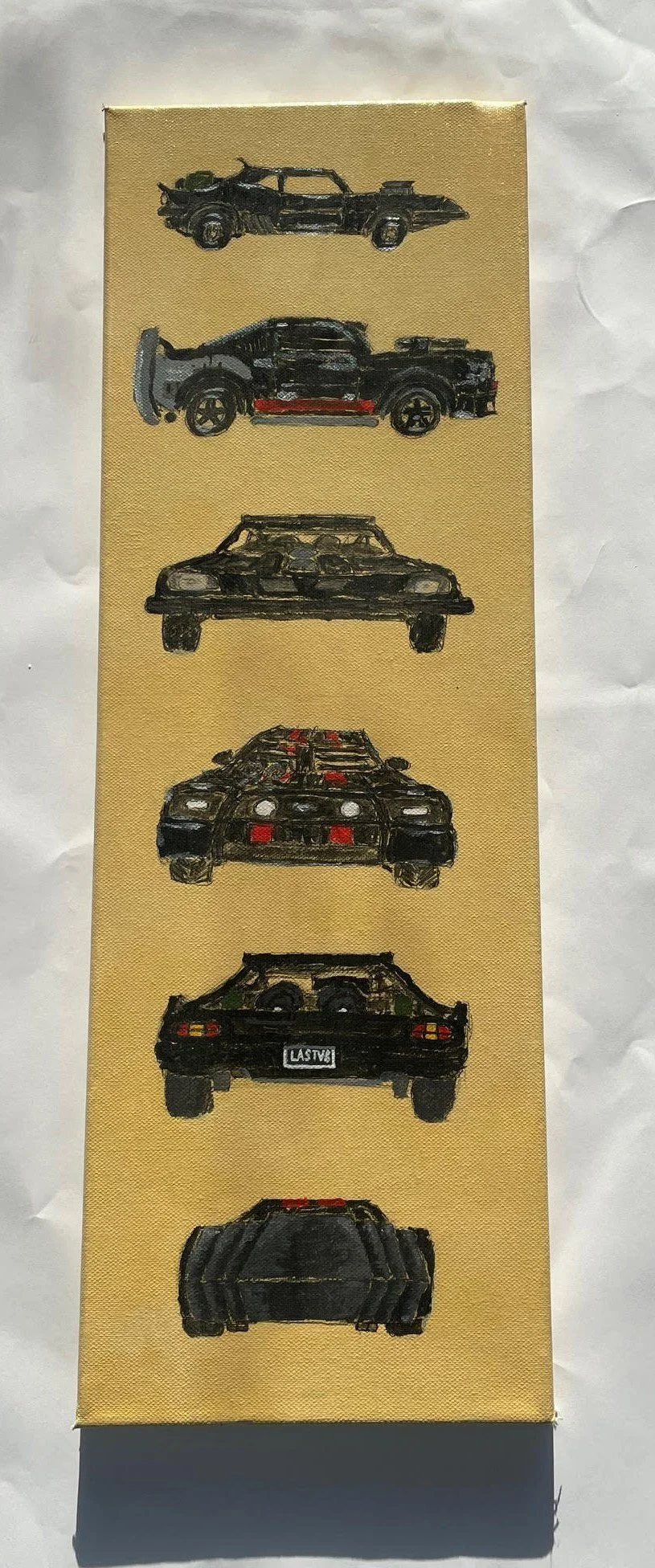 Six stylized black vehicles are painted vertically in a line against a pale yellow canvas background.
