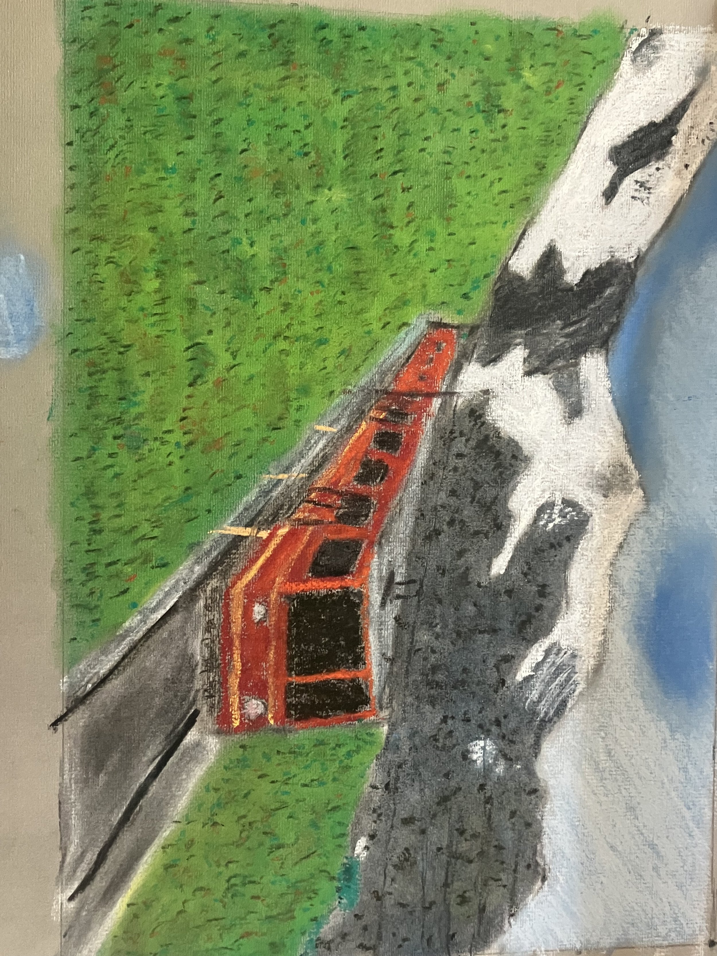 drawing of a red train traversing through mountains with snow caps with a grass field surrounding it