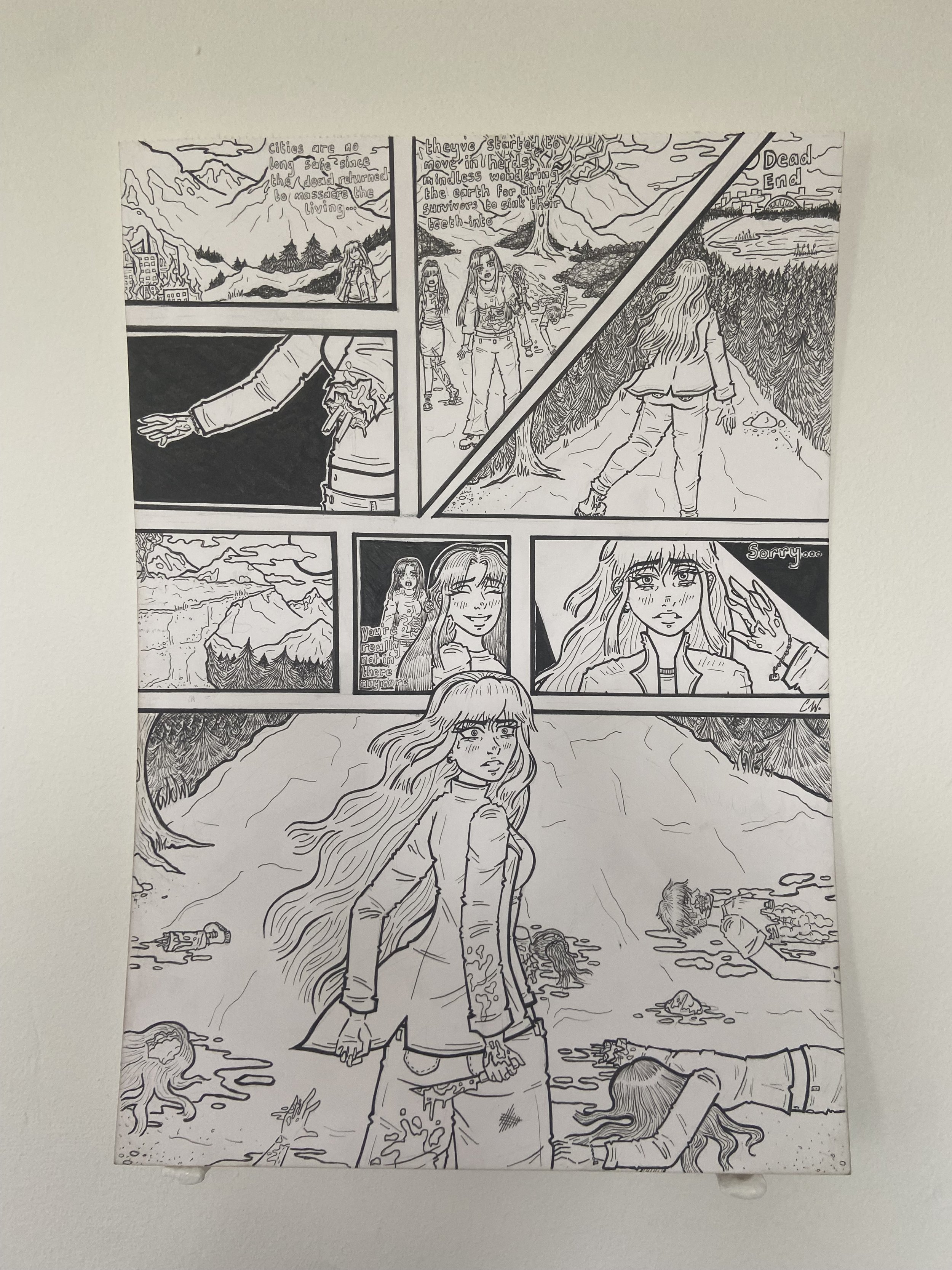 A black and white hand drawn comic strip page about a girl living through the zombie apocalypse