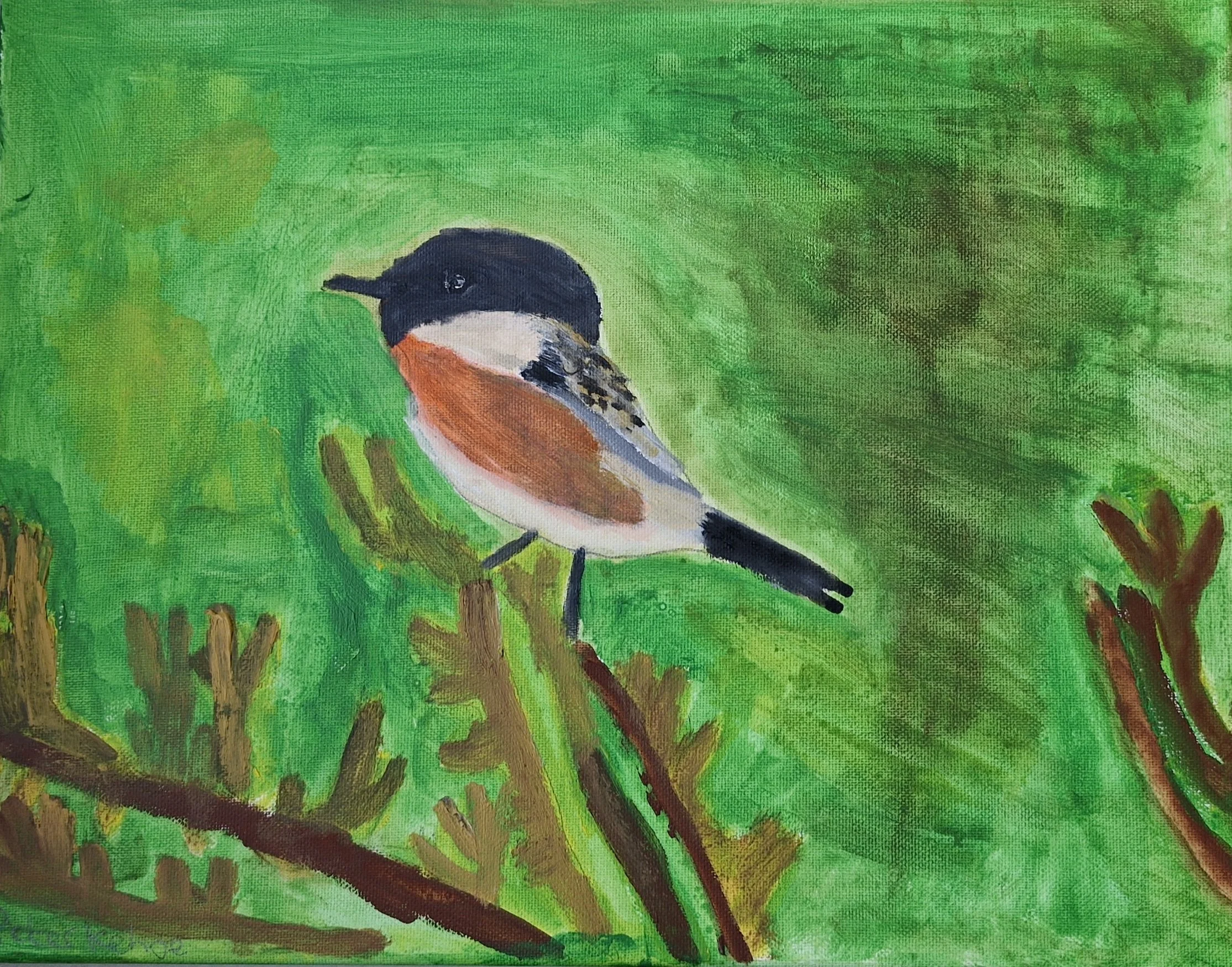 Painting of a small bird with a black head, orange chest, and patterned wings, perched on a brown branch against a green, brushstroke background.