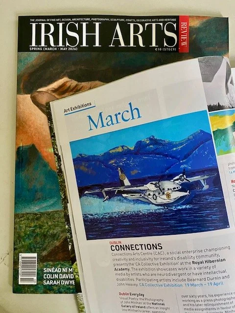 Irish Arts Review magazine, Spring (March - May 2026) issue, with a featured article about "Dublin Connections" and an exhibition at the Royal Hibernian Academy, displaying a painting of a seaplane on blue water.