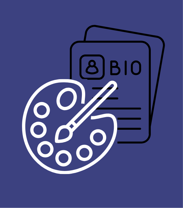 White outline of an artist's palette with a paintbrush and a profile icon labeled "BIO" on blue background.