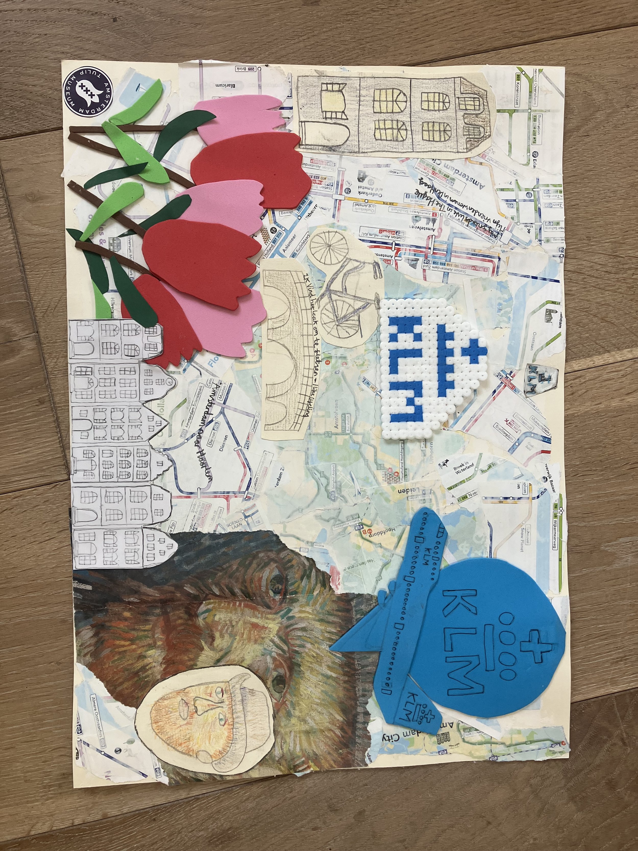 a collage called amsterdam with images of red and pink tulips and vincent vangoph laid on top of a map of amsterdam with other designs woven in