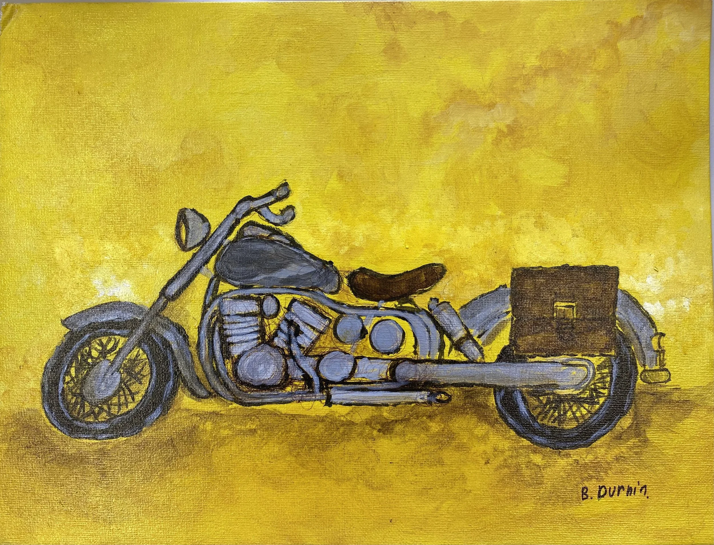 Illustration of a blue motorcycle with a brown seat and saddlebags, rendered in a flat, stylized painting technique.