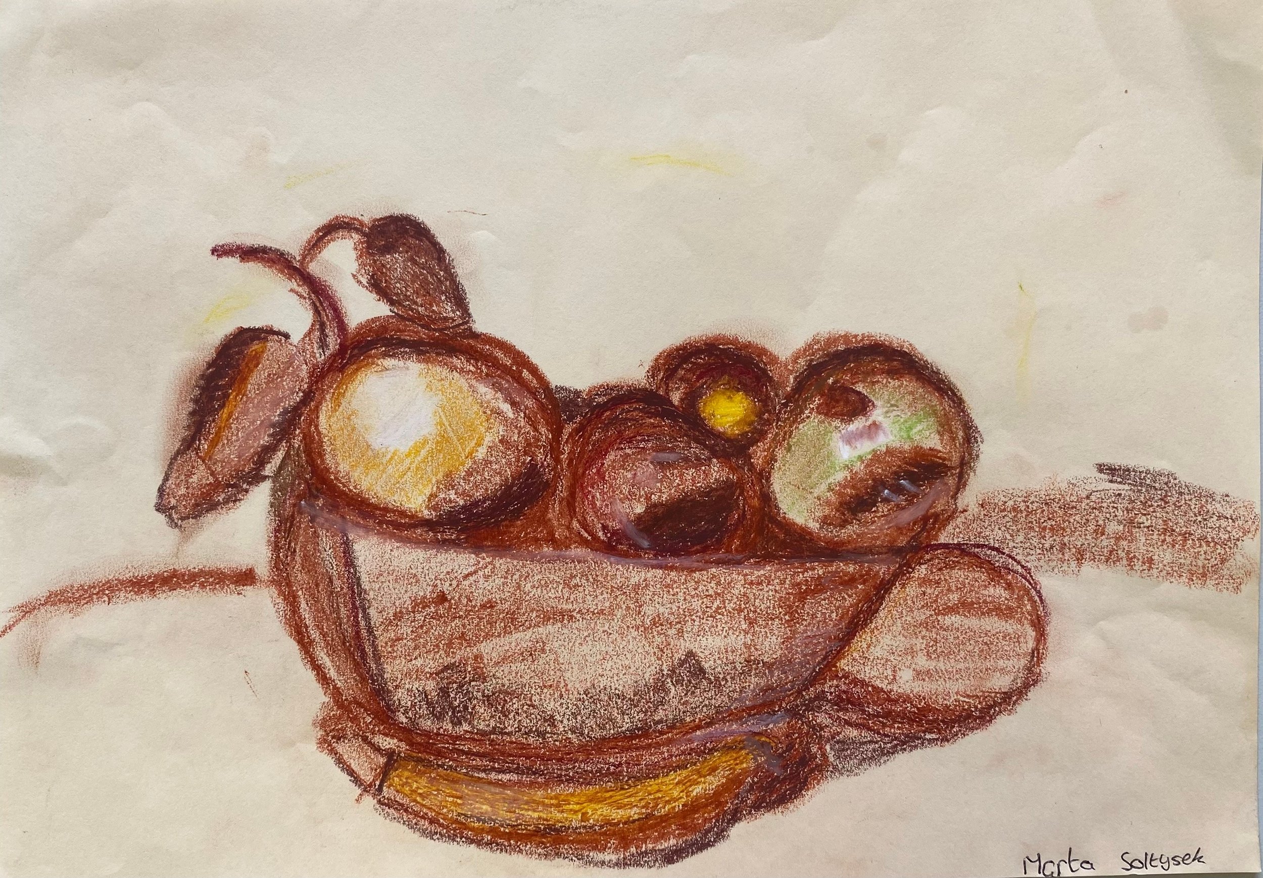 brown pastel drawing of fruit basket on white table