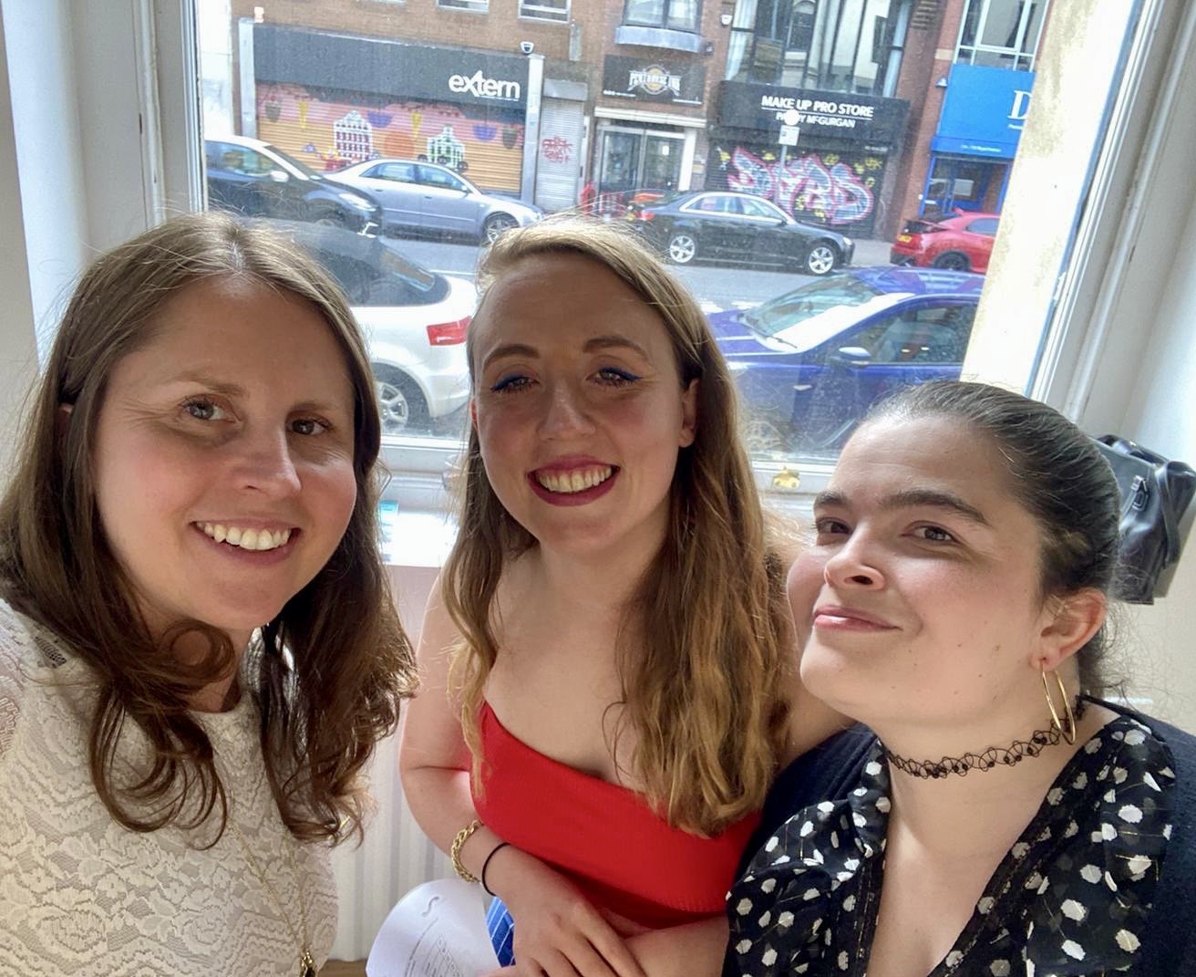 Artist Jenny Humphreys take a selfie in the Atypical Gallery with Elisabeth Lien and Liz Salisbury