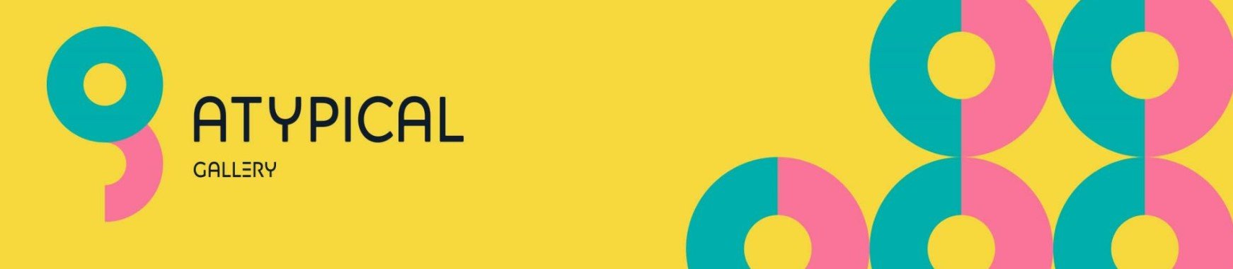 Logo for Atypical Gallery Blue and pink circles on a yellow background