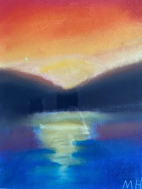 Oil painting of a sunset over water, featuring a vibrant orange and yellow sky reflecting on the dark blue water, with a silhouette of a landmass in between.